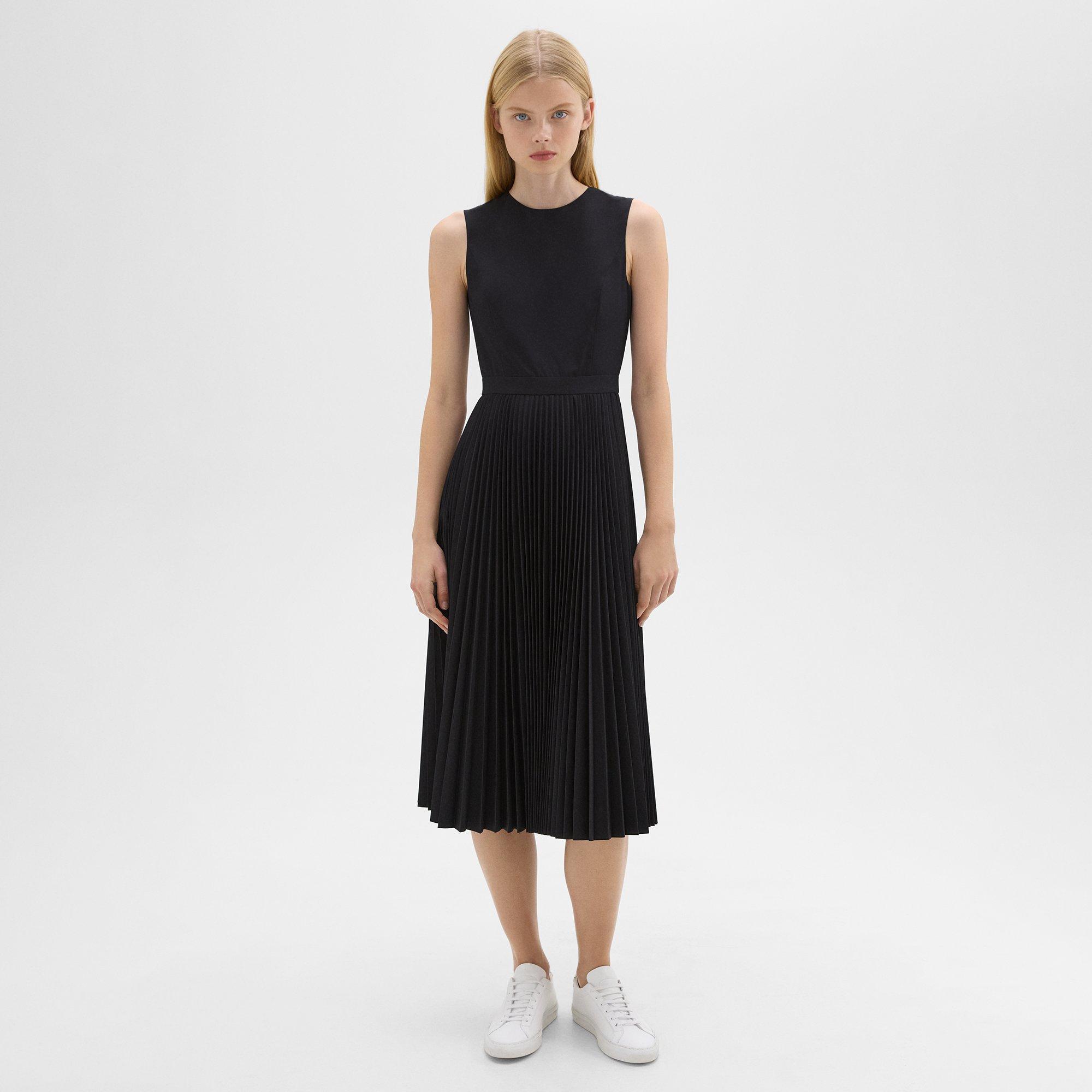 Shop Theory Pleated Midi Dress In Sleek Poplin In Black