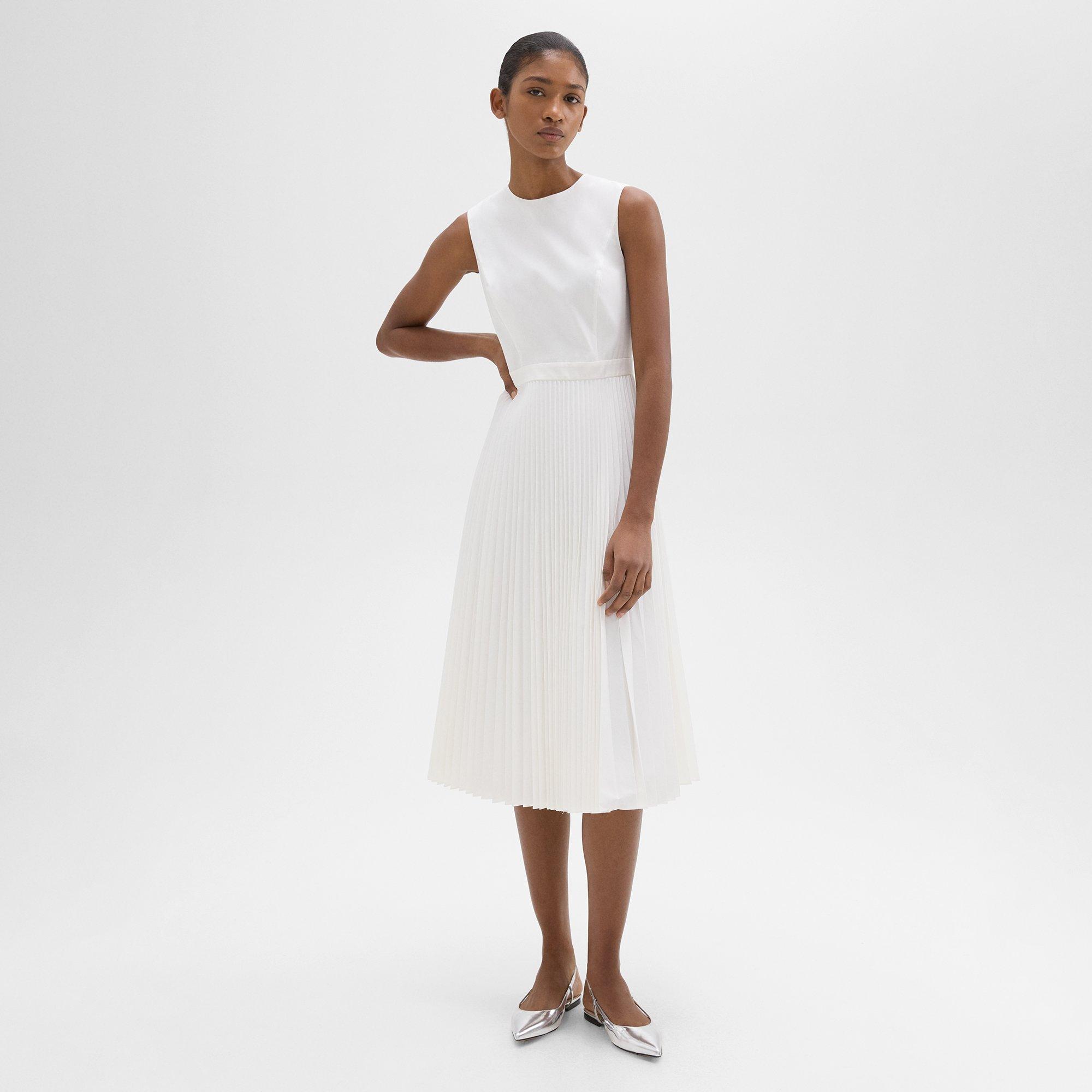 Shop Theory Pleated Midi Dress In Sleek Poplin In White