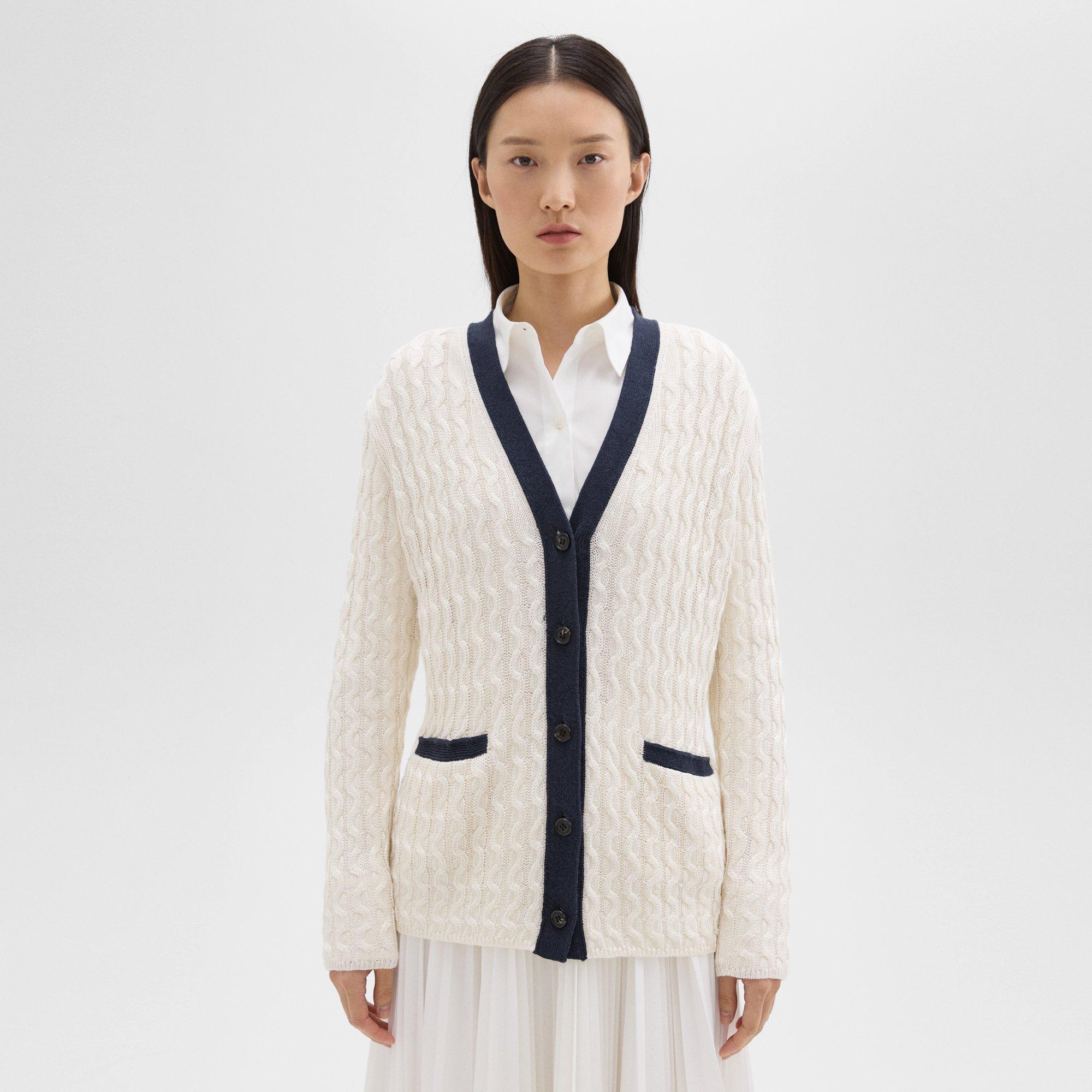 Shop Theory V-neck Cardigan In Cable Knit Linen In Bone/nocturne Navy
