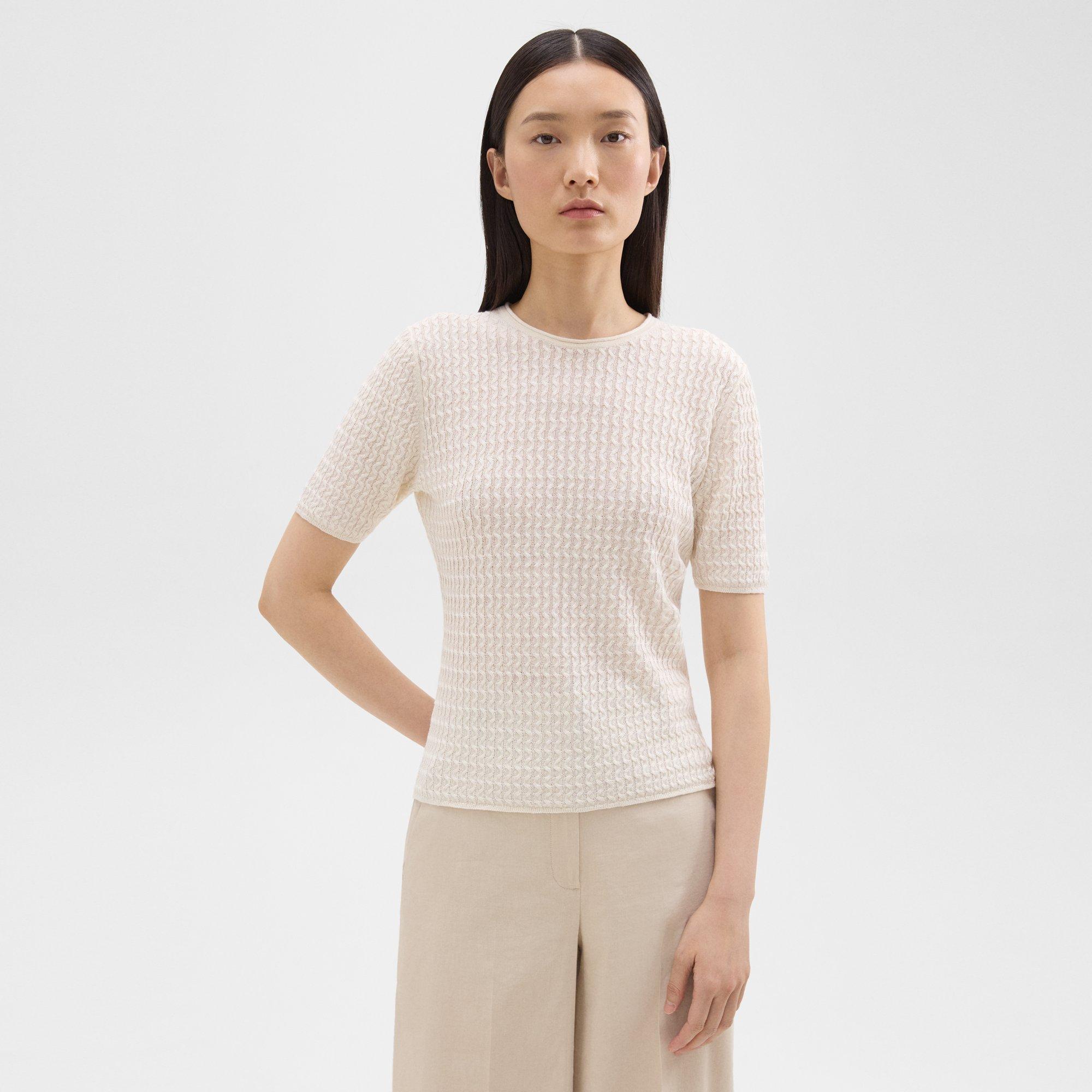 Shop Theory Short-sleeve Sweater In Cable Knit Linen In Bone