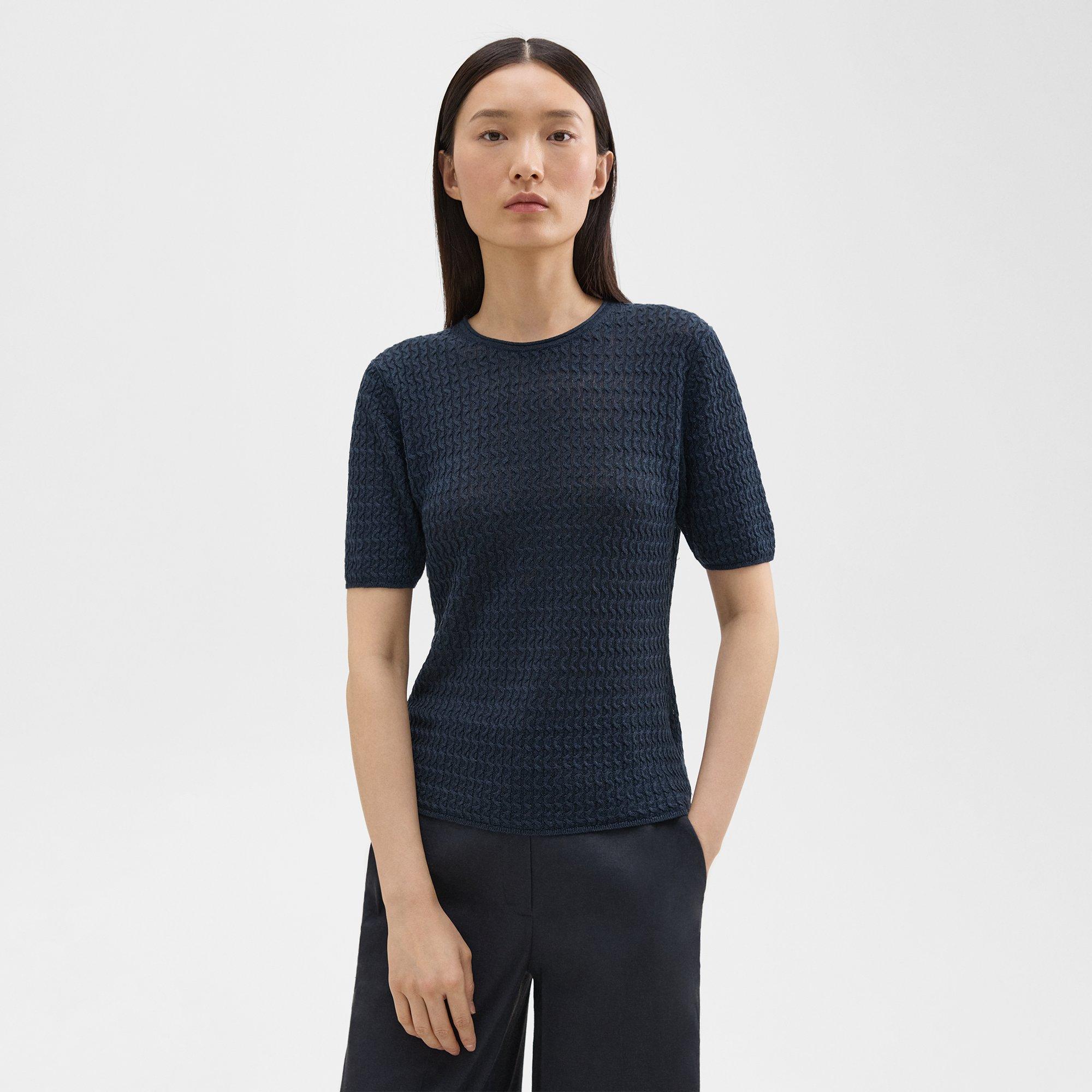 Shop Theory Short-sleeve Sweater In Cable Knit Linen In Nocturne Navy