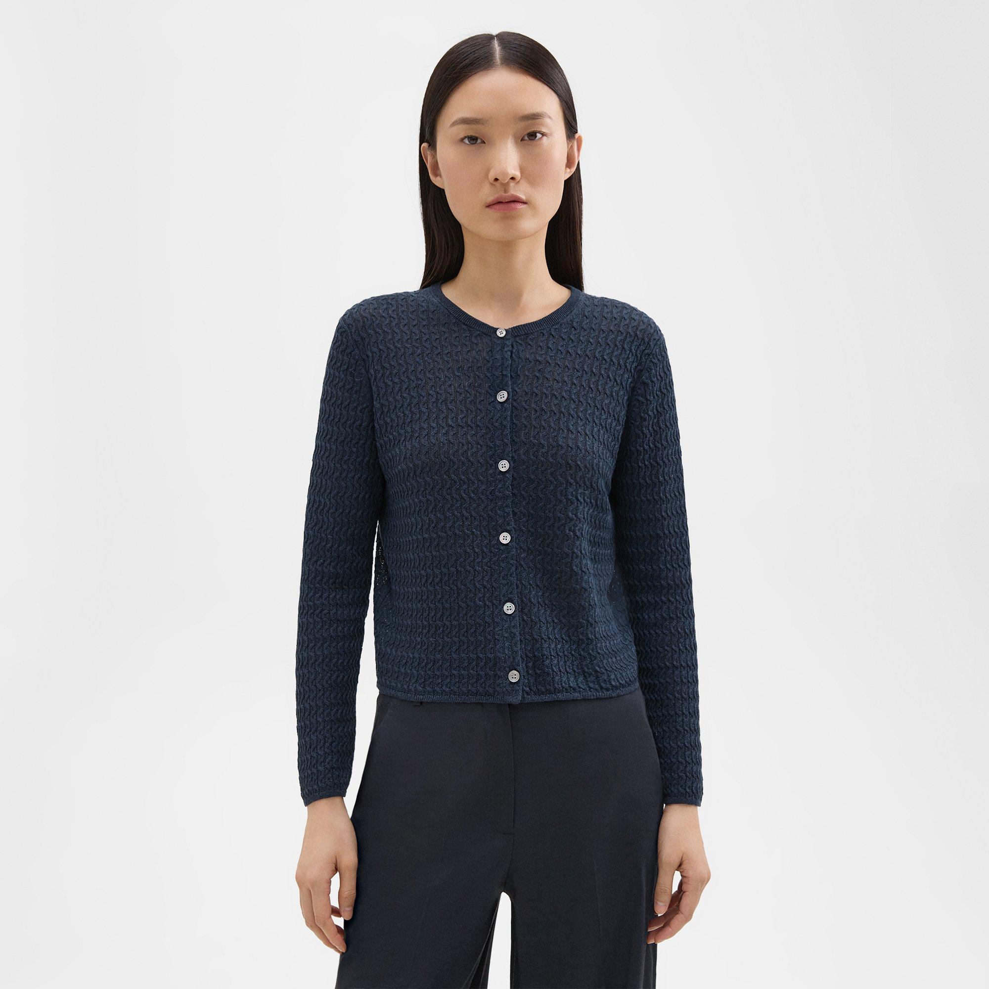 Shop Theory Crewneck Cardigan In Cable Knit Linen In Nocturne Navy