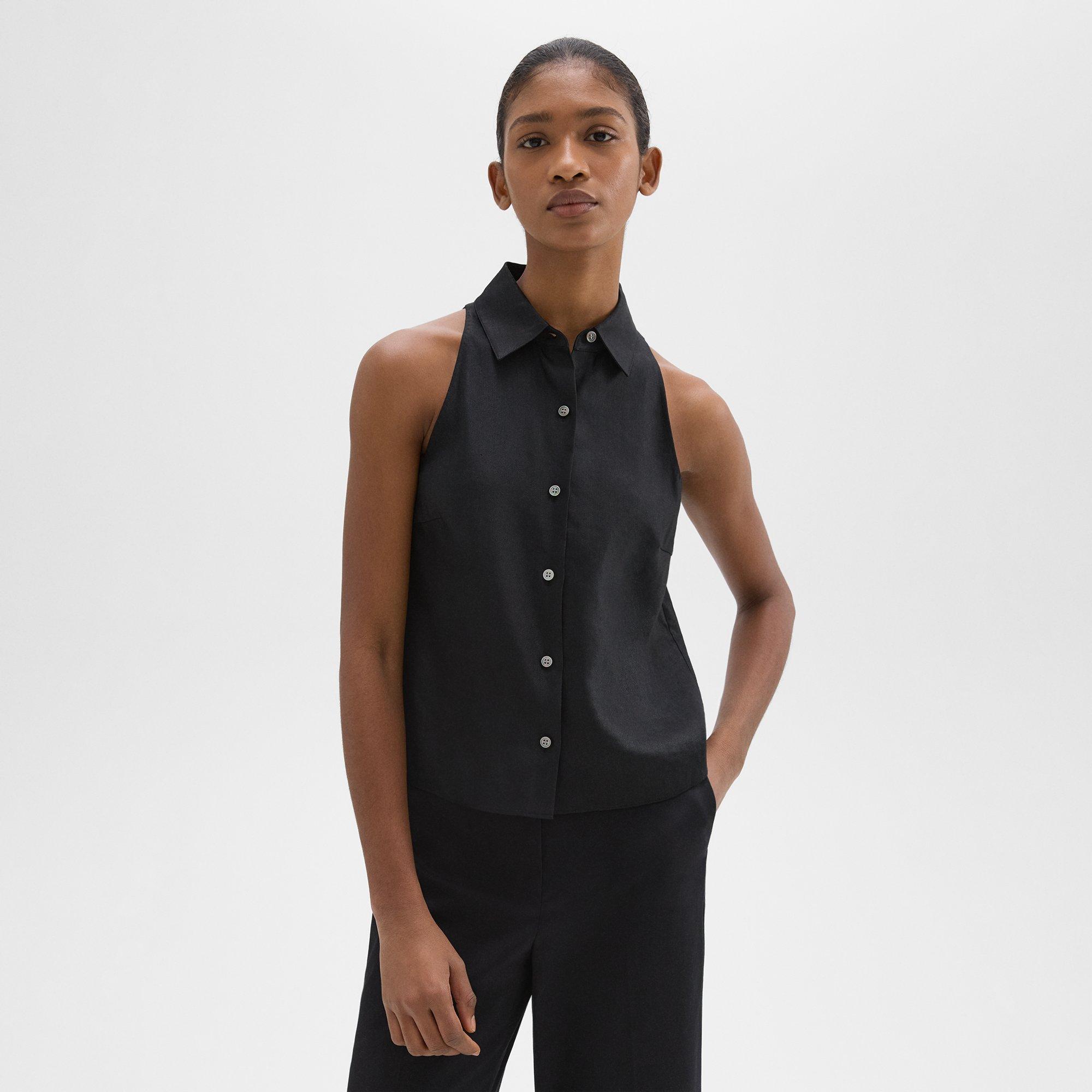 Shop Theory Halter Neck Shirt In Linen-viscose In Black