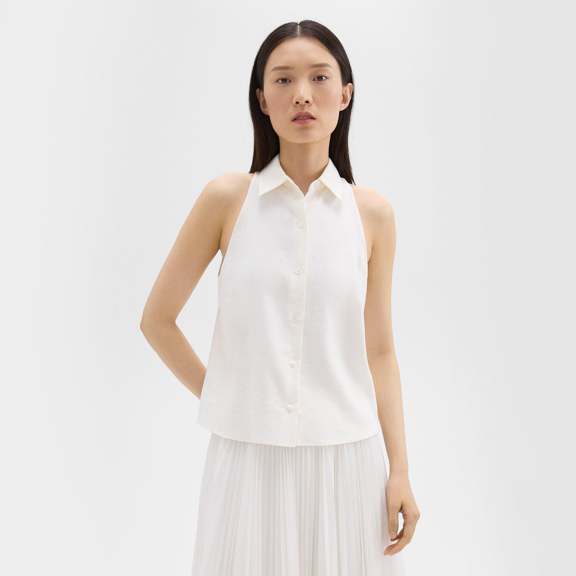 Shop Theory Halter Neck Shirt In Linen-viscose In Ivory