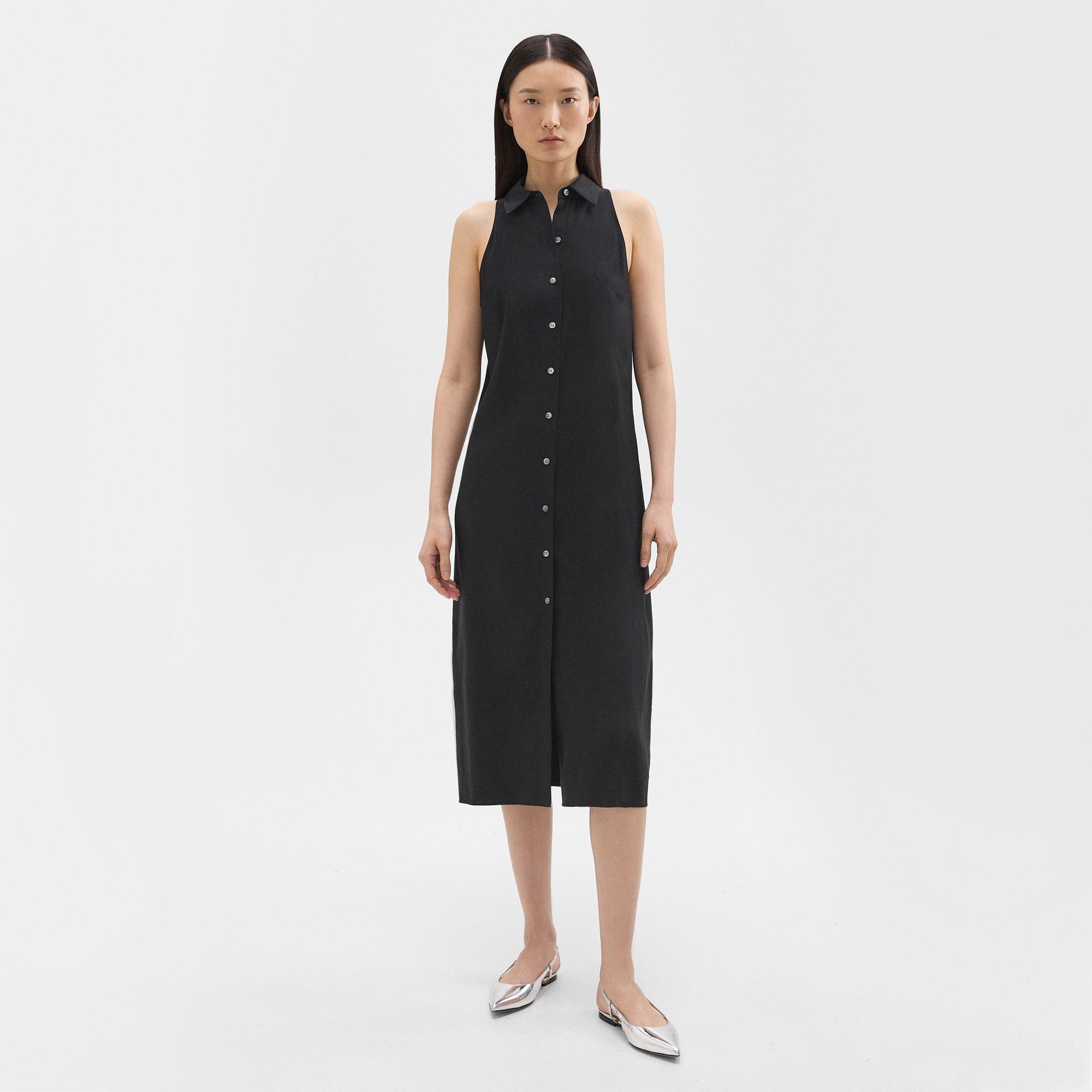 Shop Theory Halter Neck Shirt Dress In Linen-viscose In Black