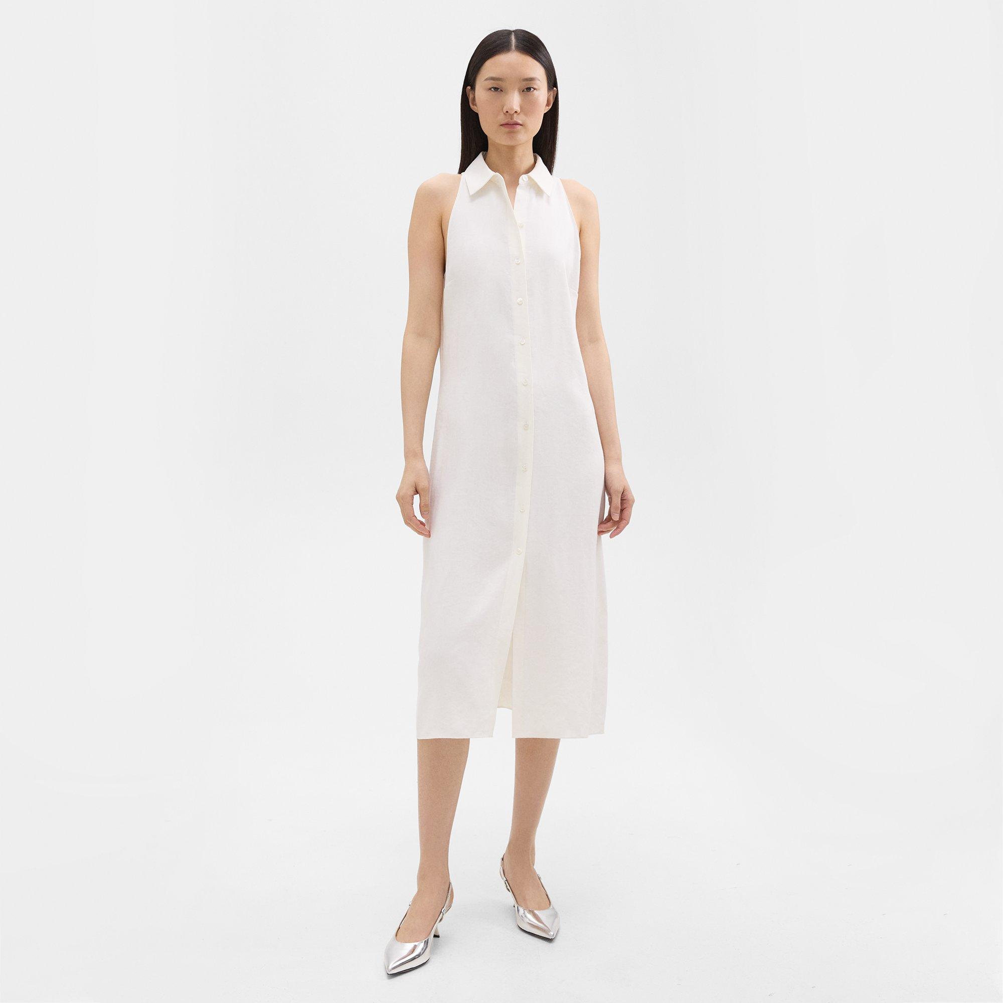Shop Theory Halter Neck Shirt Dress In Linen-viscose In Ivory