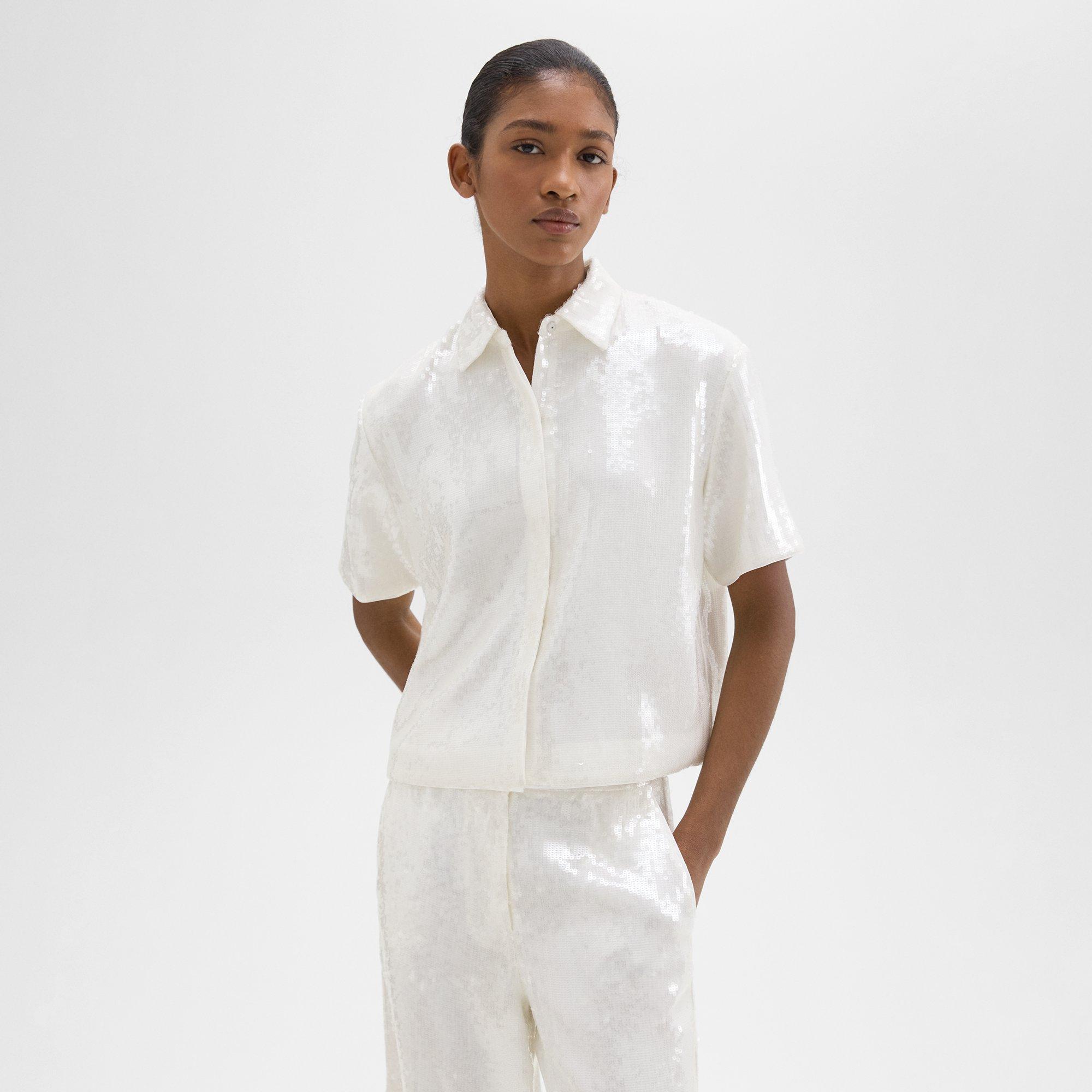 Shop Theory Cropped Short-sleeve Shirt In Recycled Sequins In White