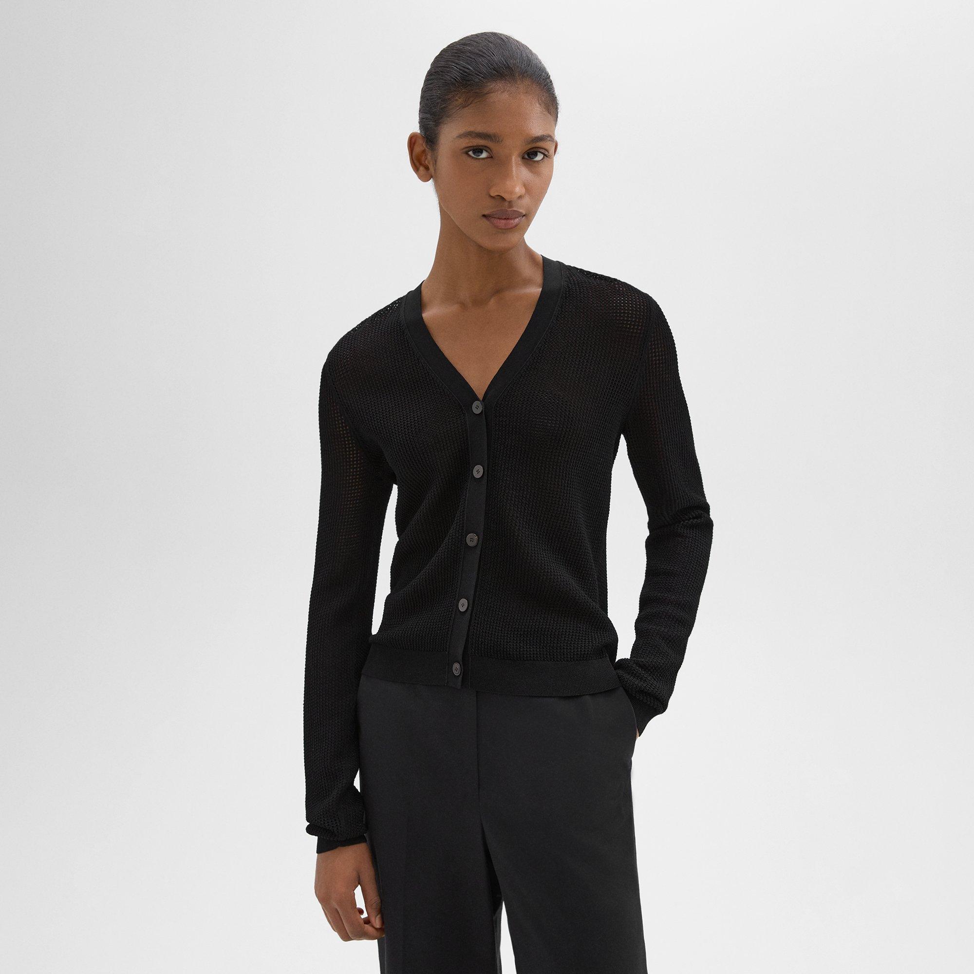 Shop Theory Pointelle Cardigan In Crepe Knit In Black