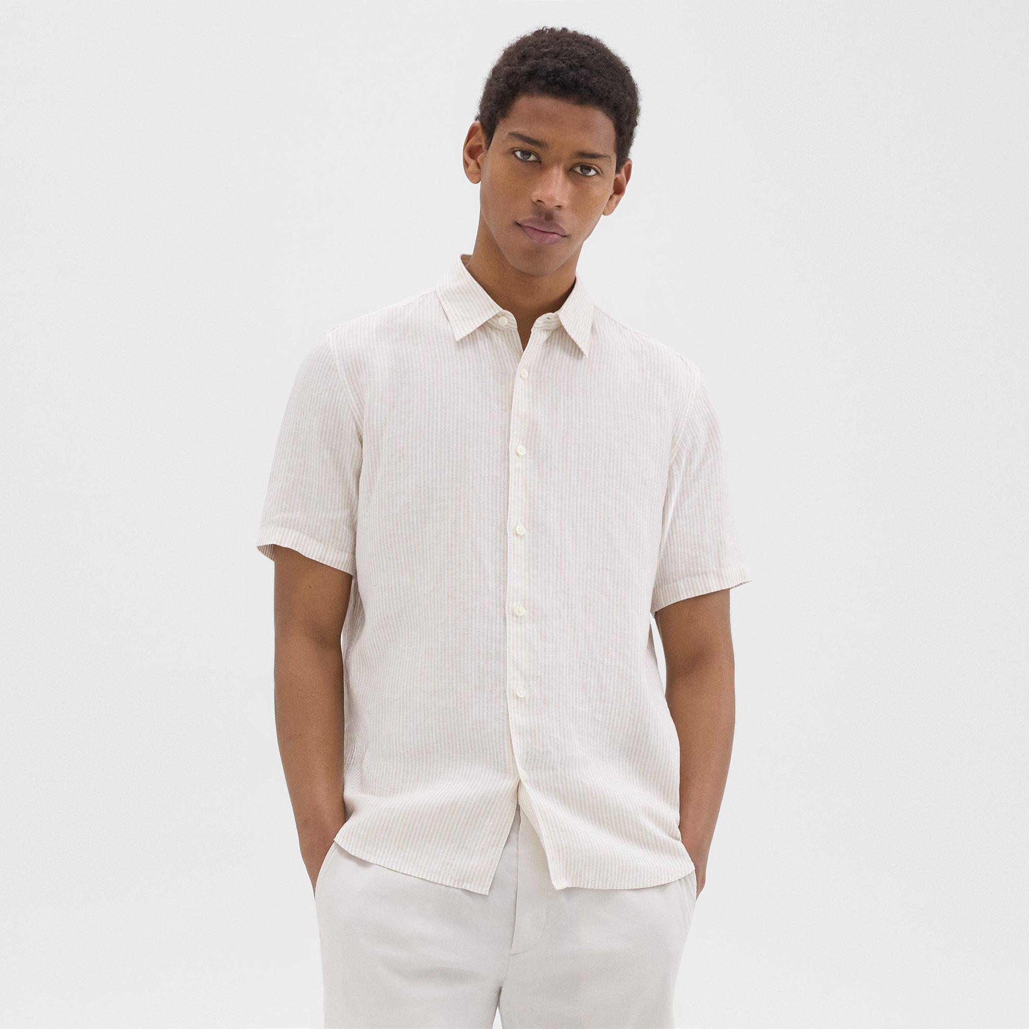 Shop Theory Irving Short-sleeve Shirt In Relaxed Linen In White/sand