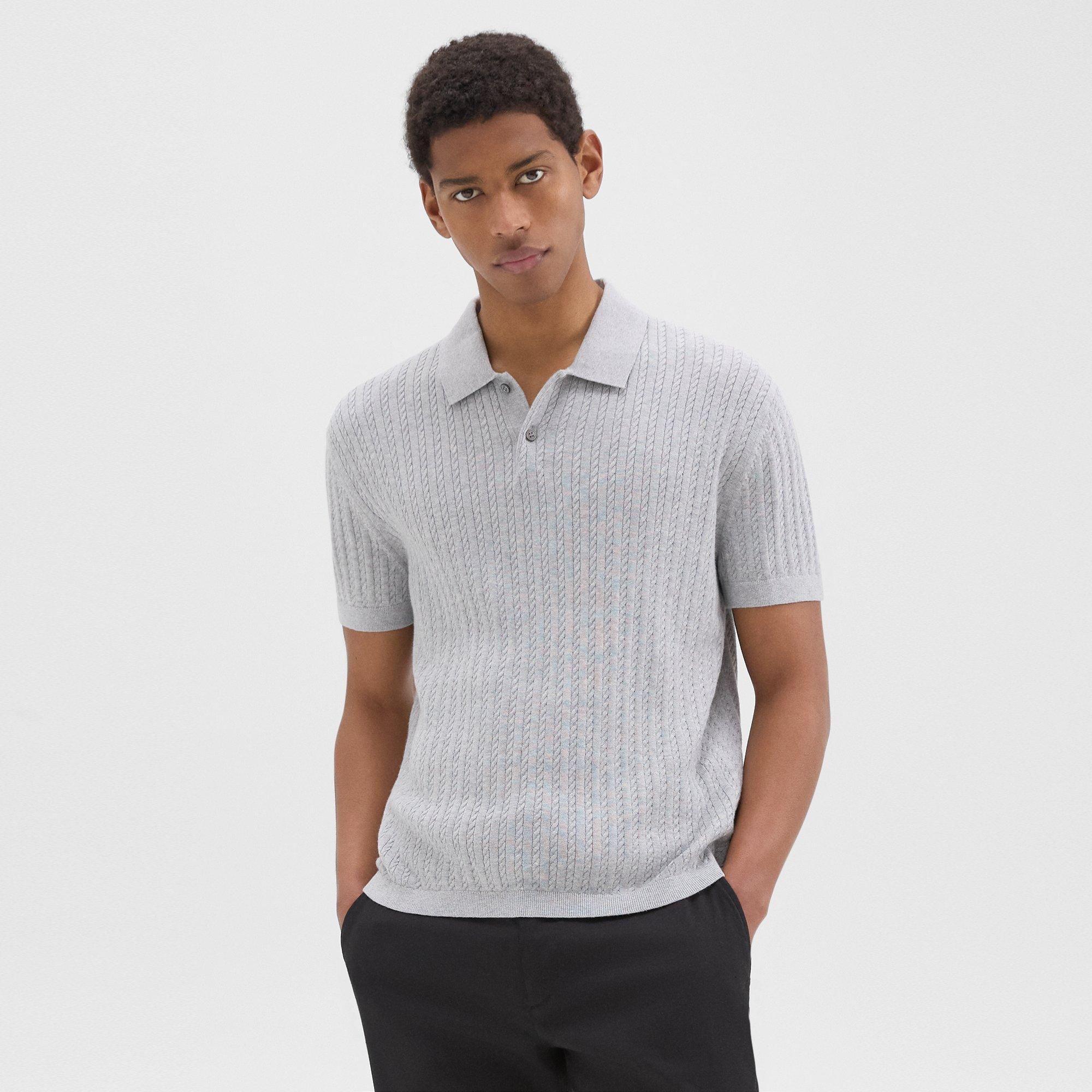 Shop Theory Cable Knit Polo In Cotton In Light Grey Heather