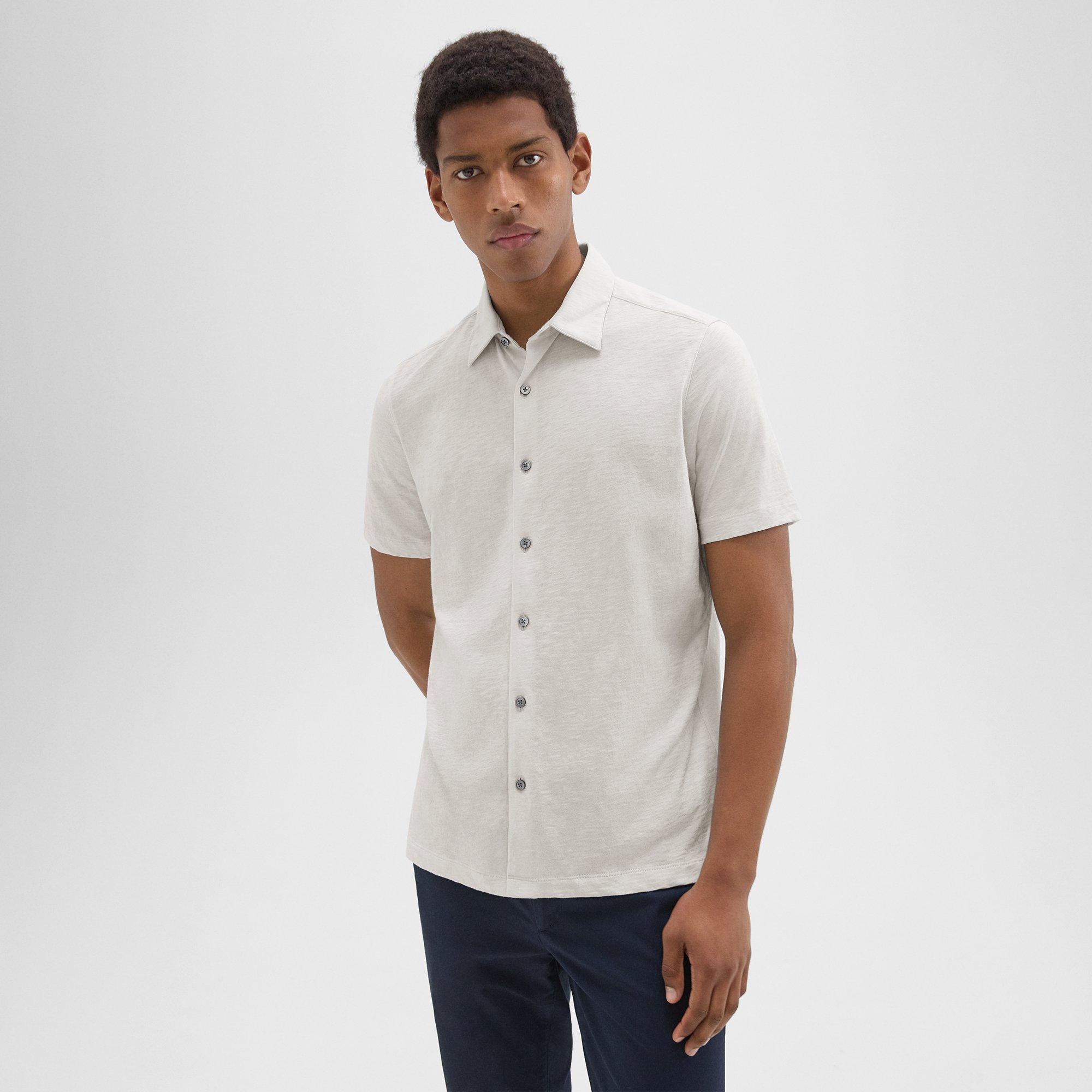 Shop Theory Noran Short-sleeve Shirt In Slub Cotton In Limestone