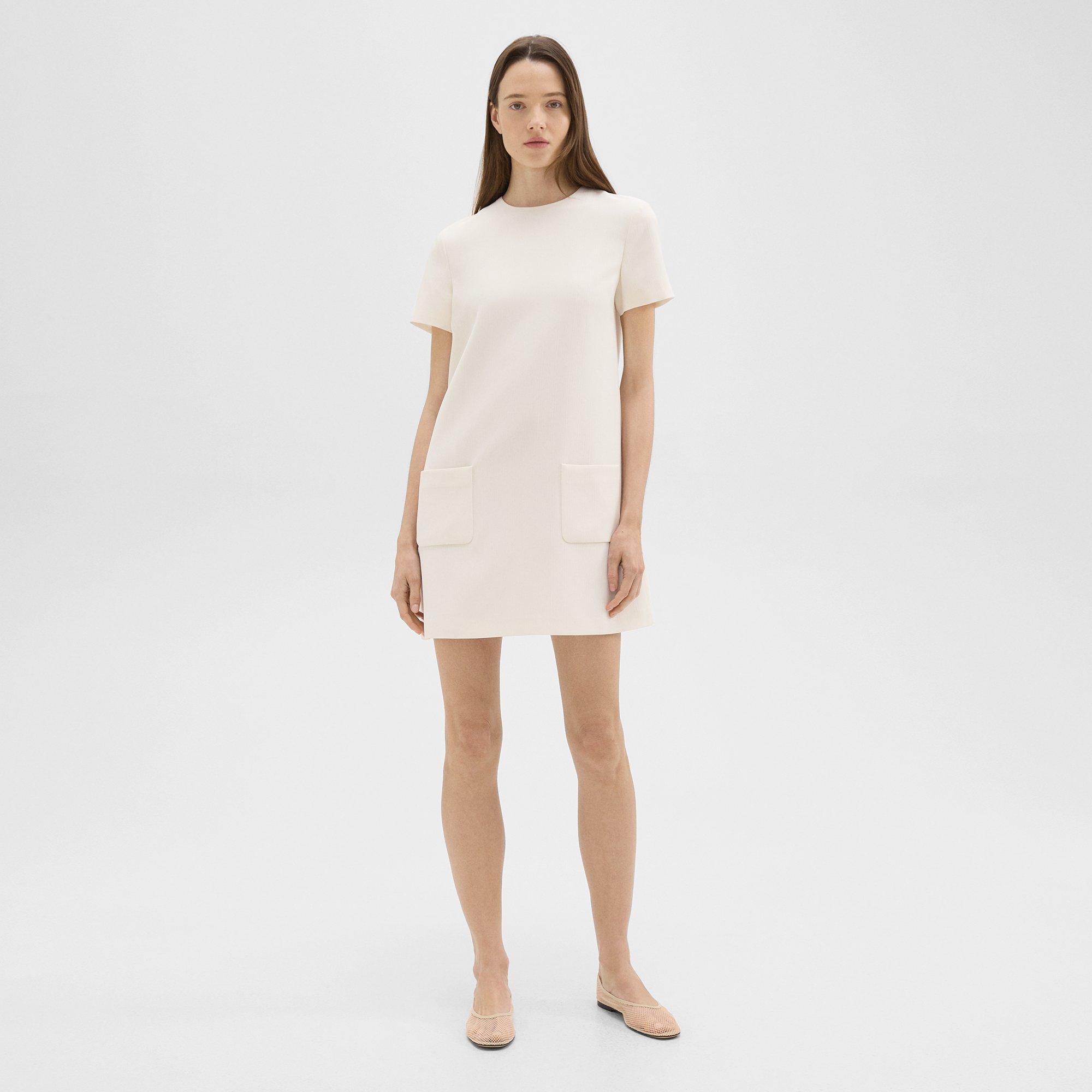 Theory Short-sleeve Mini Dress In Striped Admiral Crepe In White