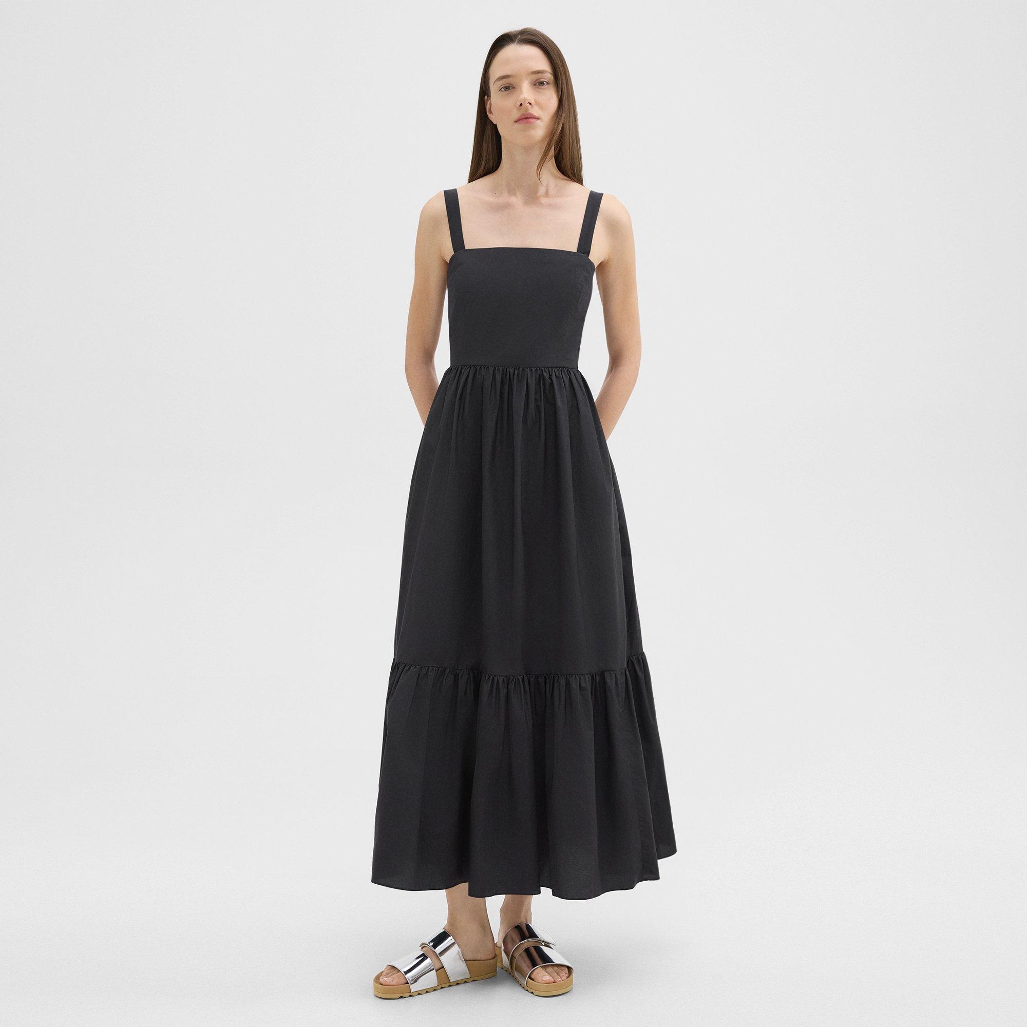 Shop Theory Tiered Sleeveless Dress In Cotton-blend In Black
