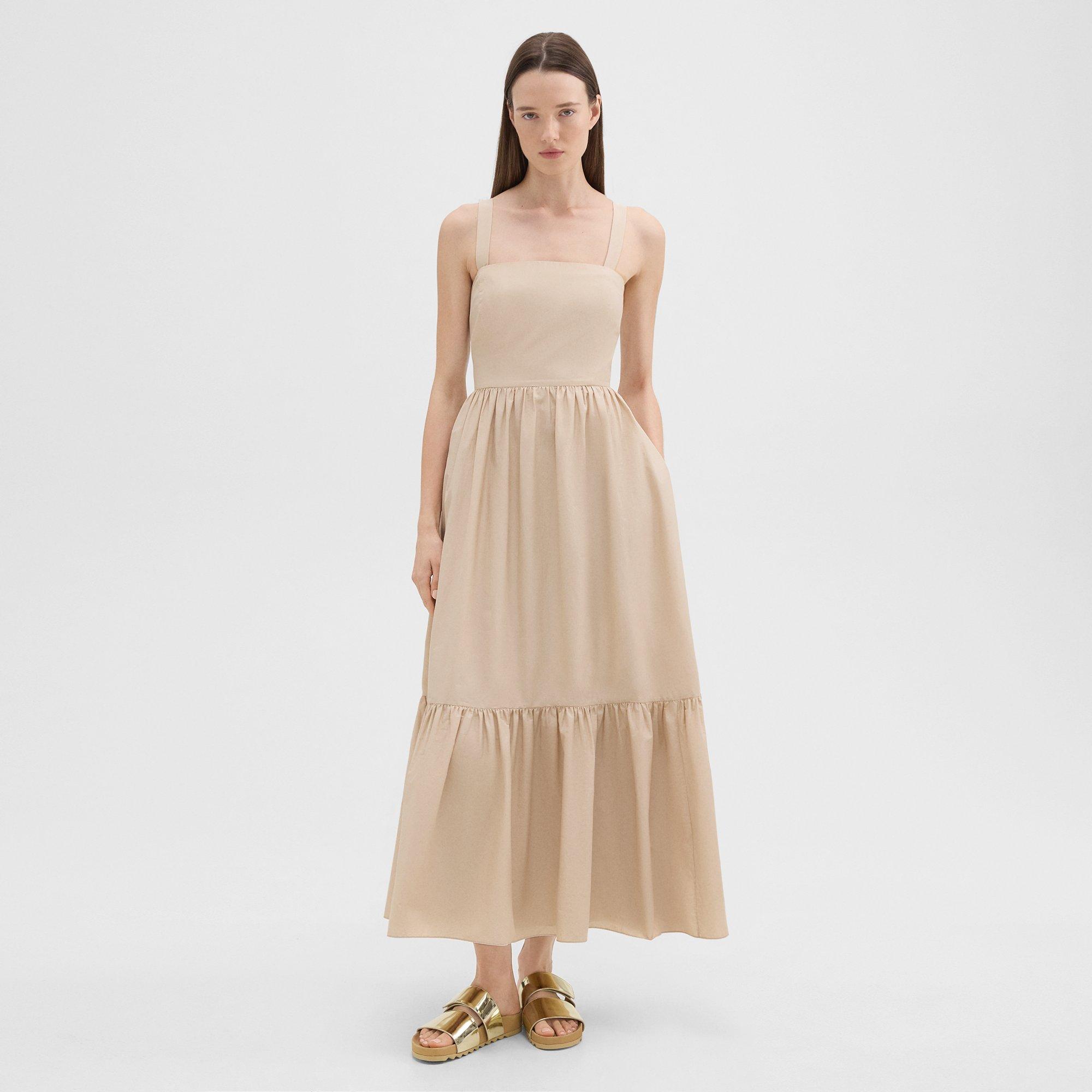 Theory Sleeveless Square-neck Tiered Poplin Midi Dress In Soft Gold