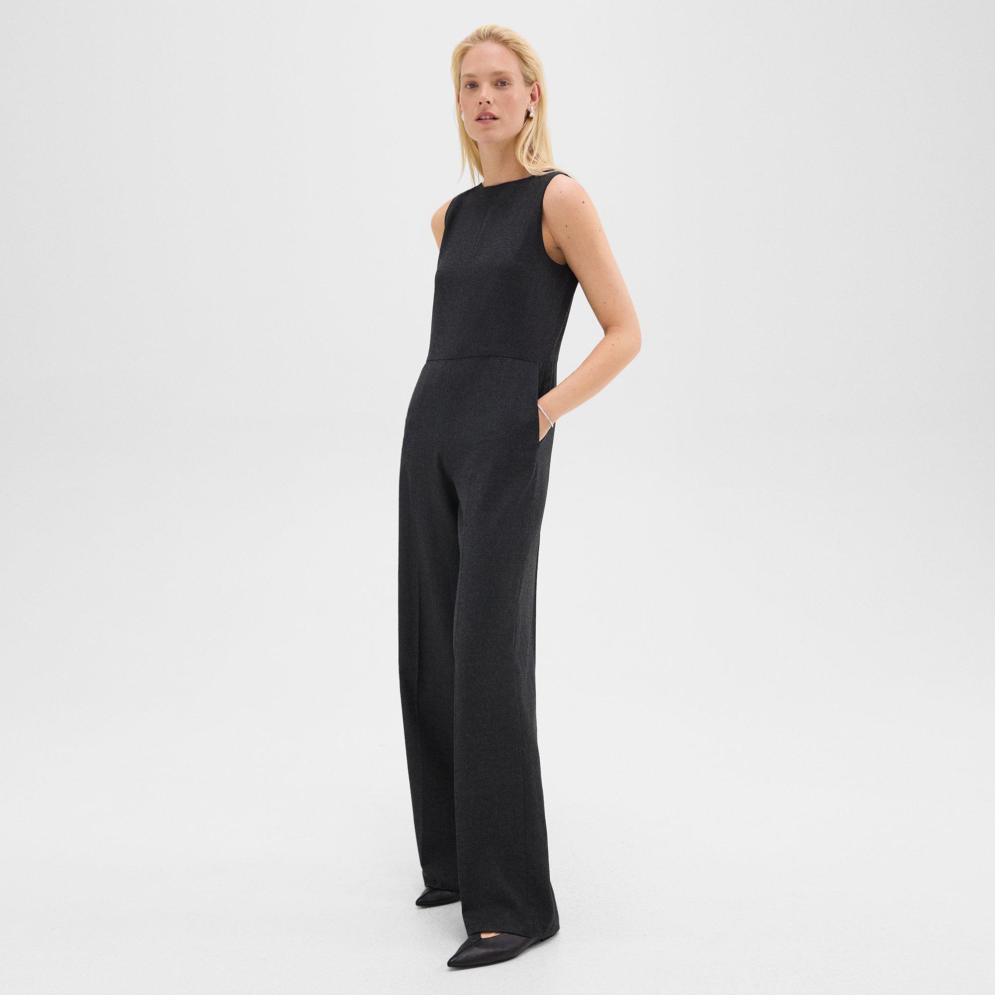 Theory Relaxed Sleeveless Jumpsuit In Wool-blend Flannel In Charcoal Melange