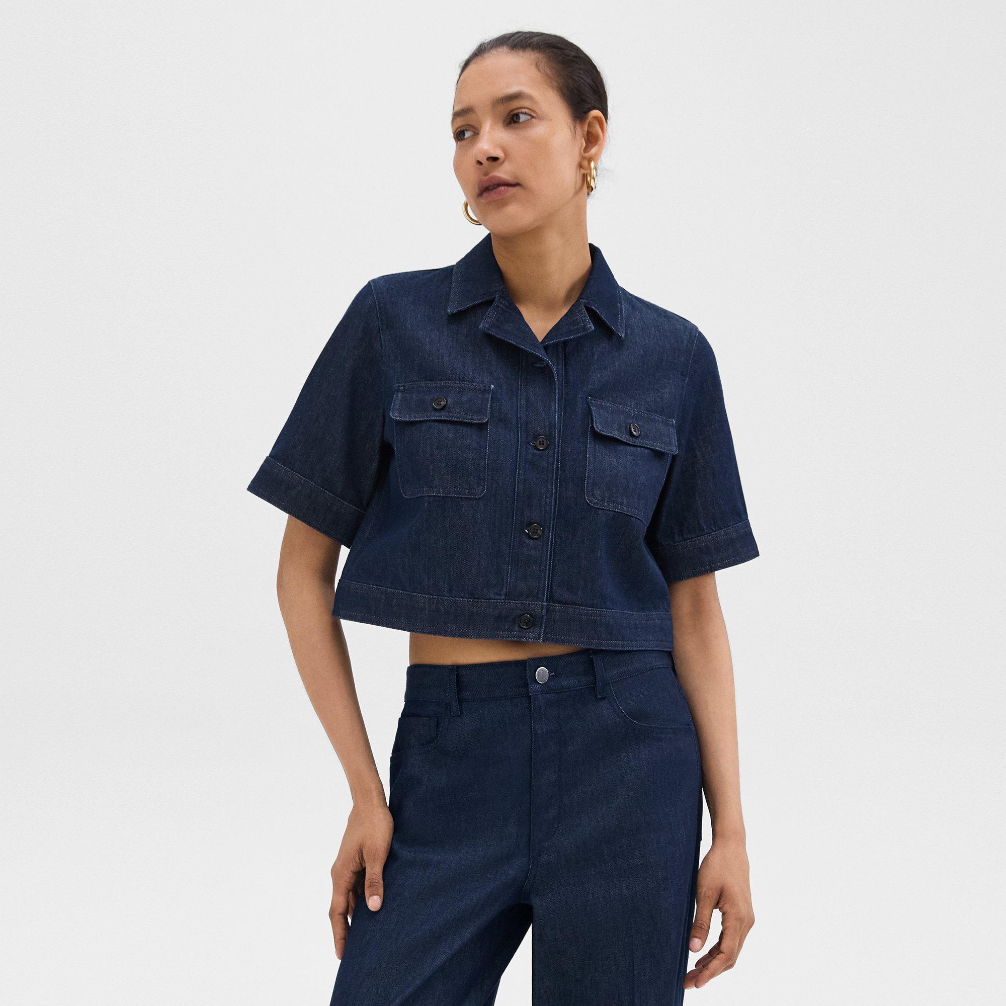 Theory Boxy Short-sleeve Jacket In Denim In Indigo