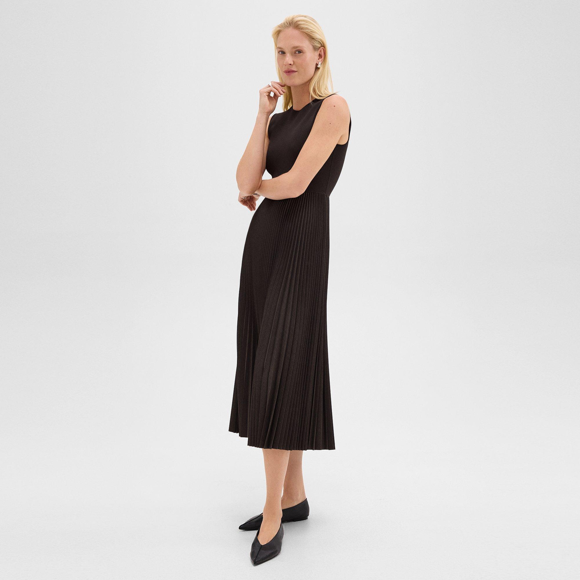 Theory Pleated Combo Dress In Stretch Wool-blend In Black