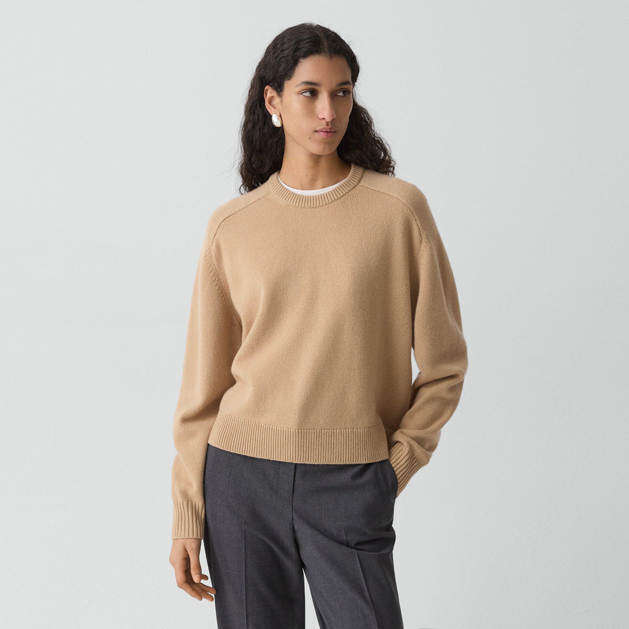 Theory Cropped Crewneck Sweater In Cashmere In Nude