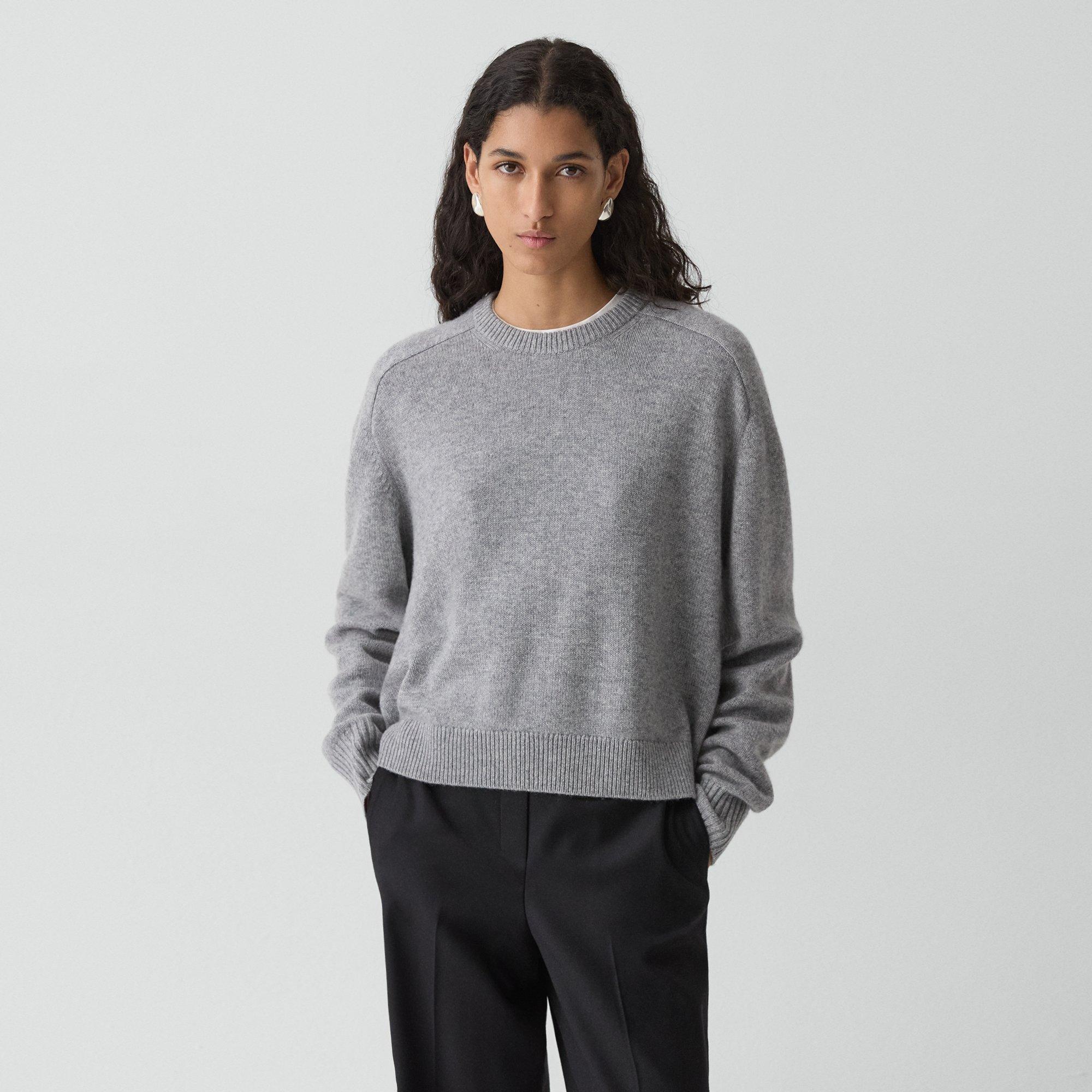 Theory Cropped Crewneck Sweater In Cashmere In Gray