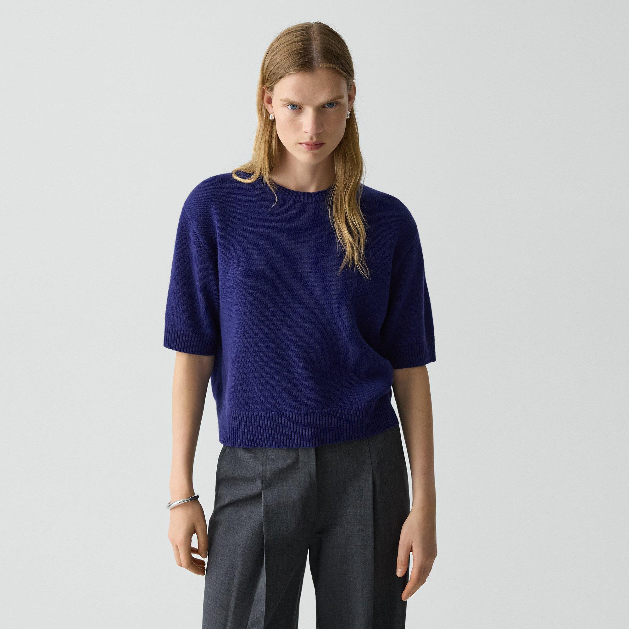 Theory Cashmere Cropped Short Sleeve Sweater In Blue
