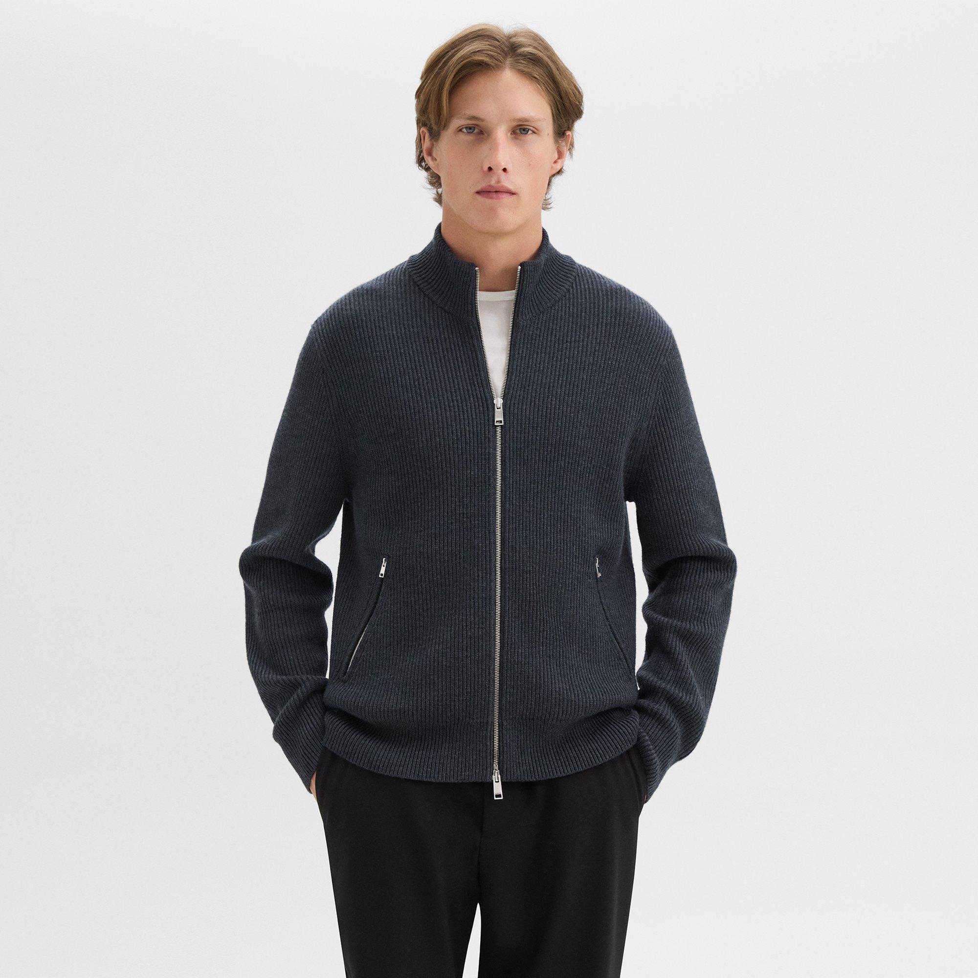 Theory Ribbed Zip-up Cardigan In Merino Wool In Dark Grey Heather