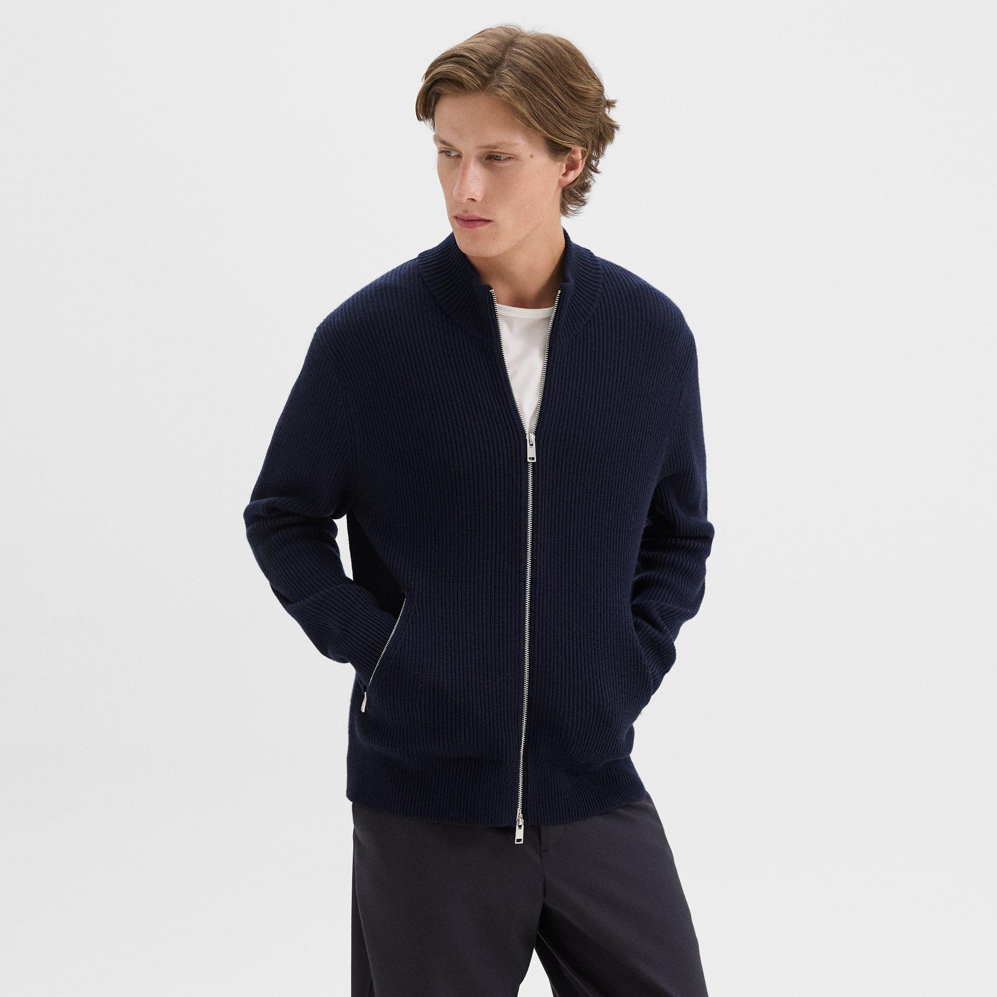 Theory Ribbed Zip-up Cardigan In Merino Wool In Baltic