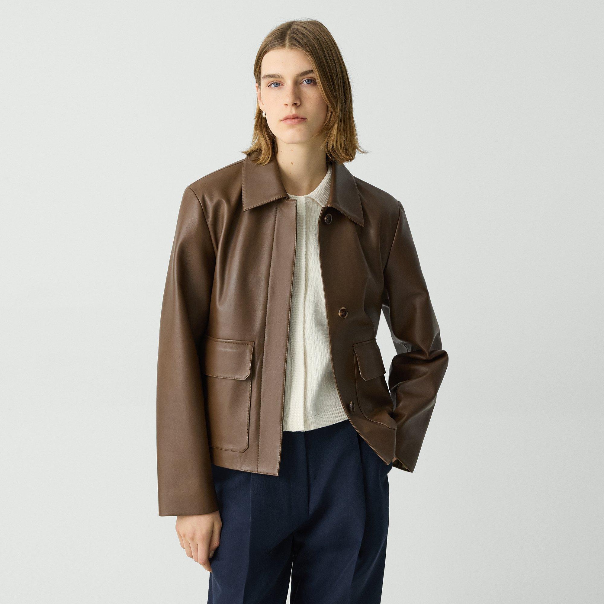 Theory Boxy Jacket In Leather In Clove