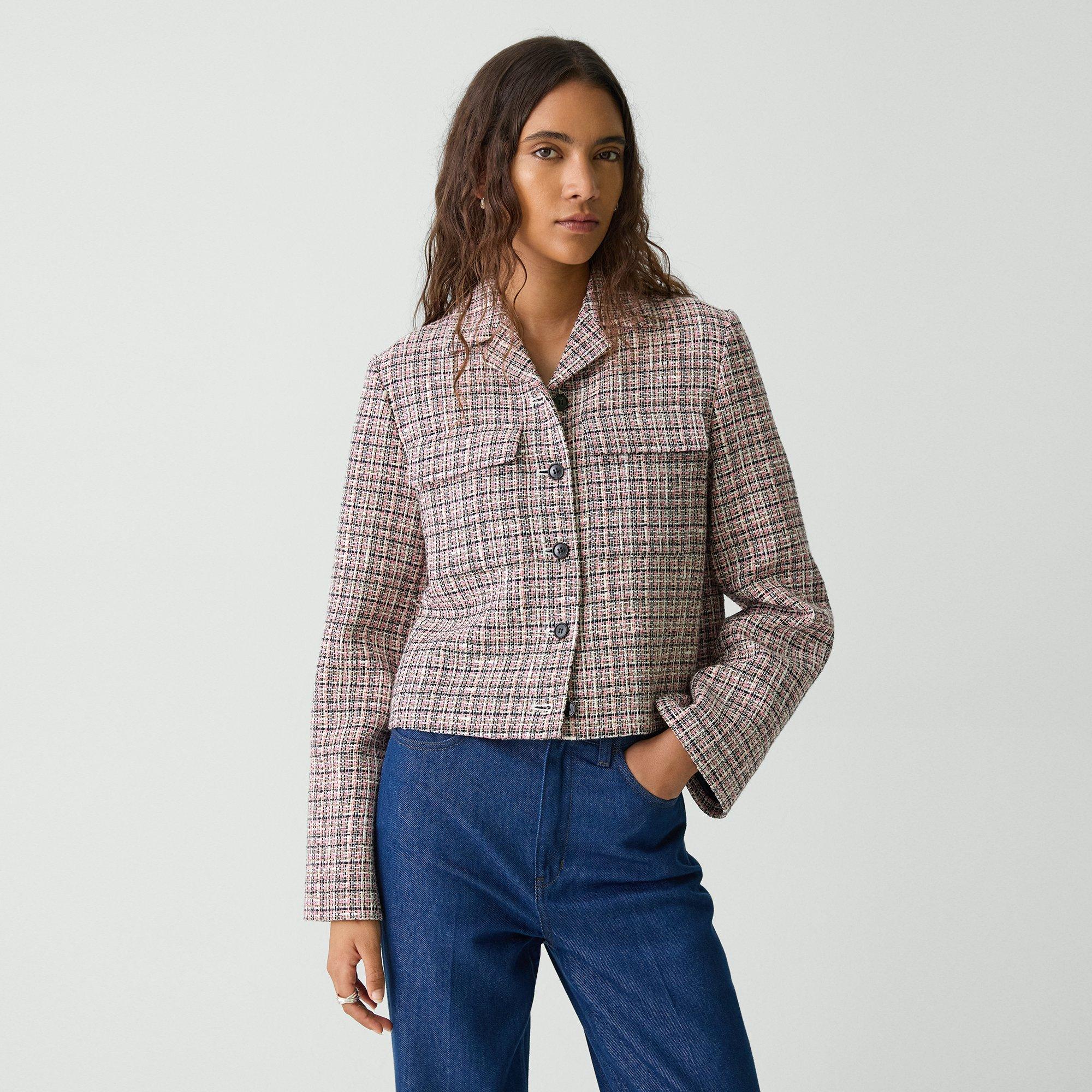 Theory Cropped Tweed Jacket In Cotton-blend In Pink Multi