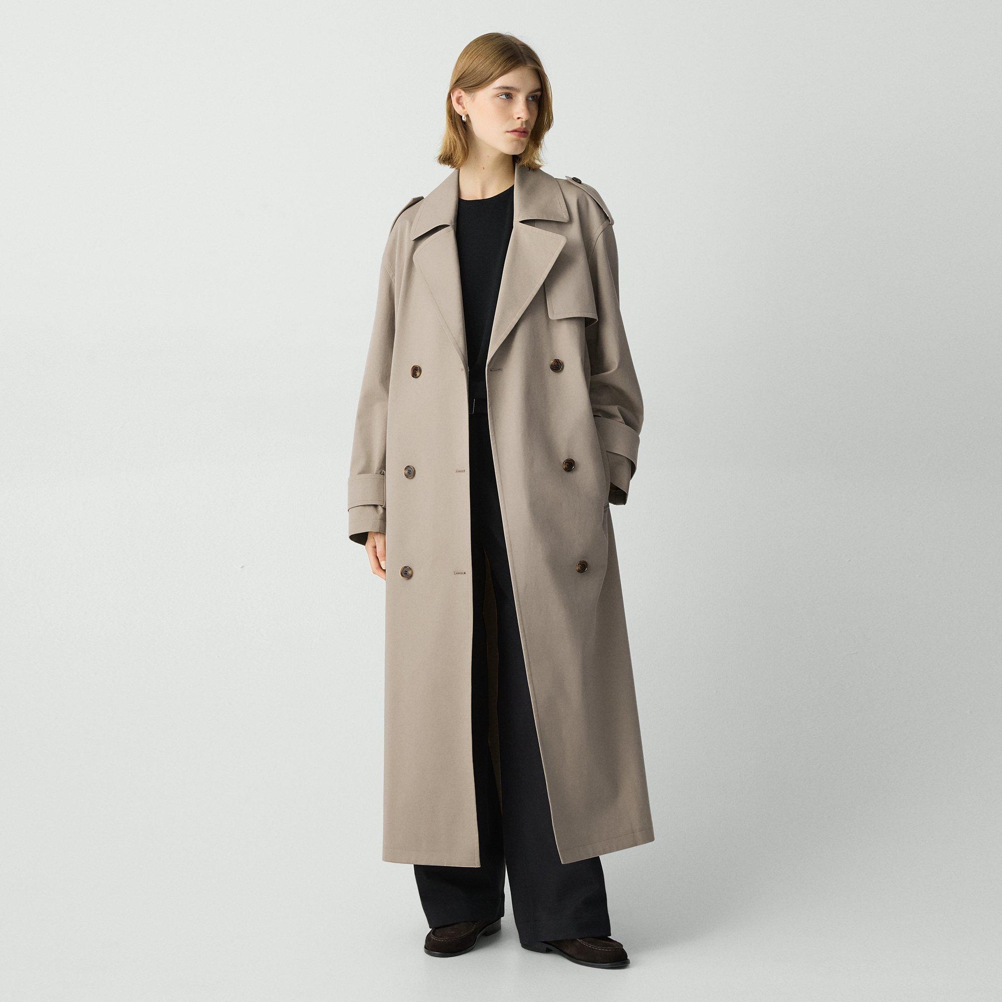 Theory Oversized Double-breasted Trench Coat In Stretch Cotton In Soft Taupe