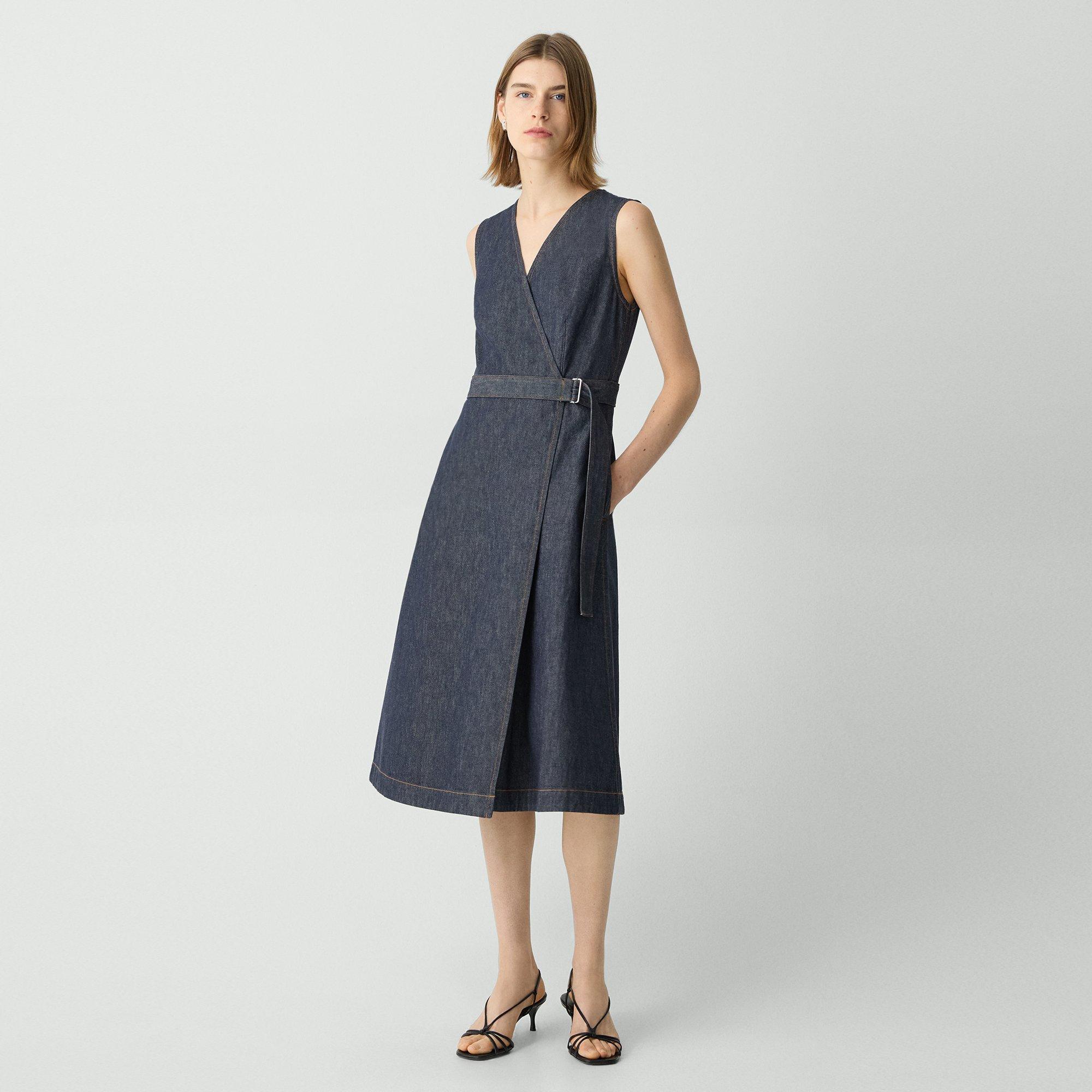 Theory Sleeveless A-line Wrap Dress In Denim In Indigo