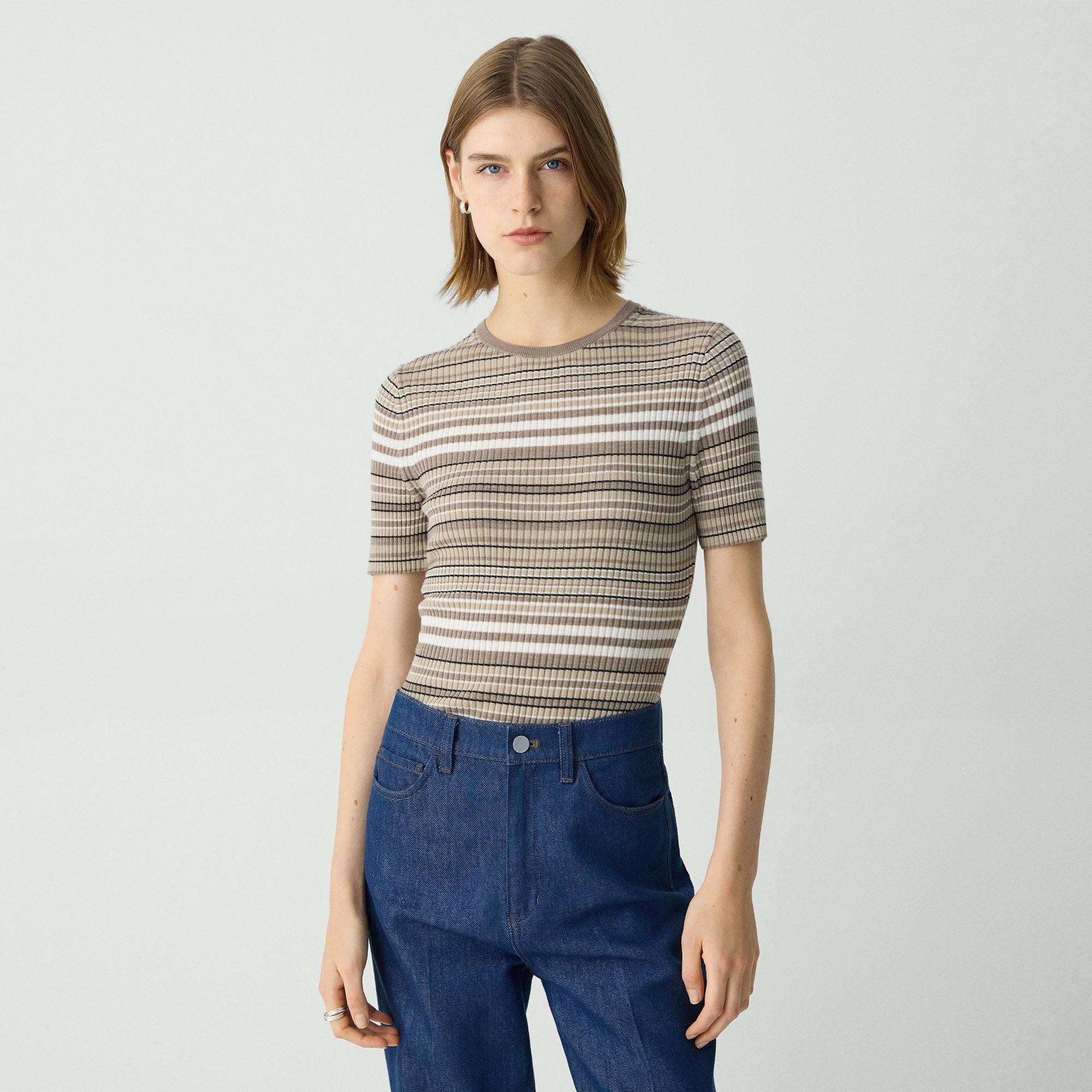 Theory Ribbed Short-sleeve Sweater In Regal Wool In Light Cinder Multi