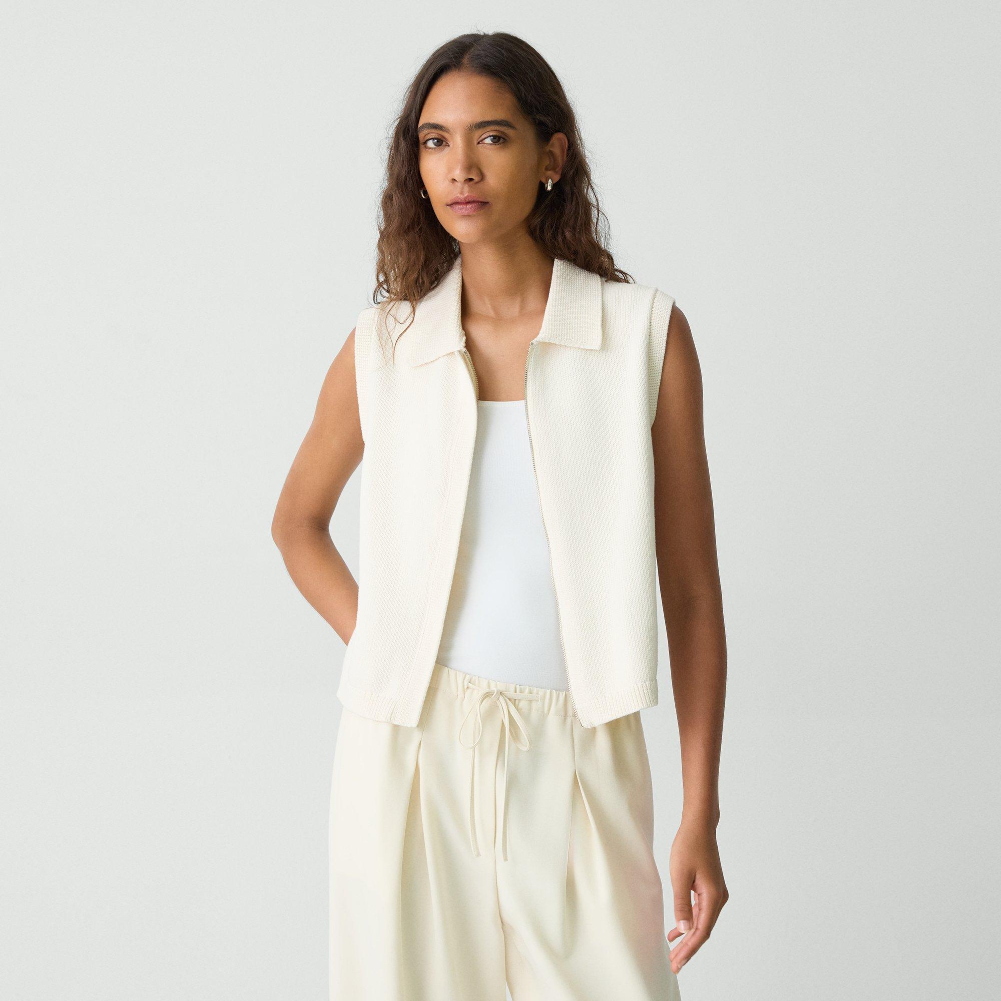 Theory Stretch Cotton Blend Zip Sweater Vest In Natural