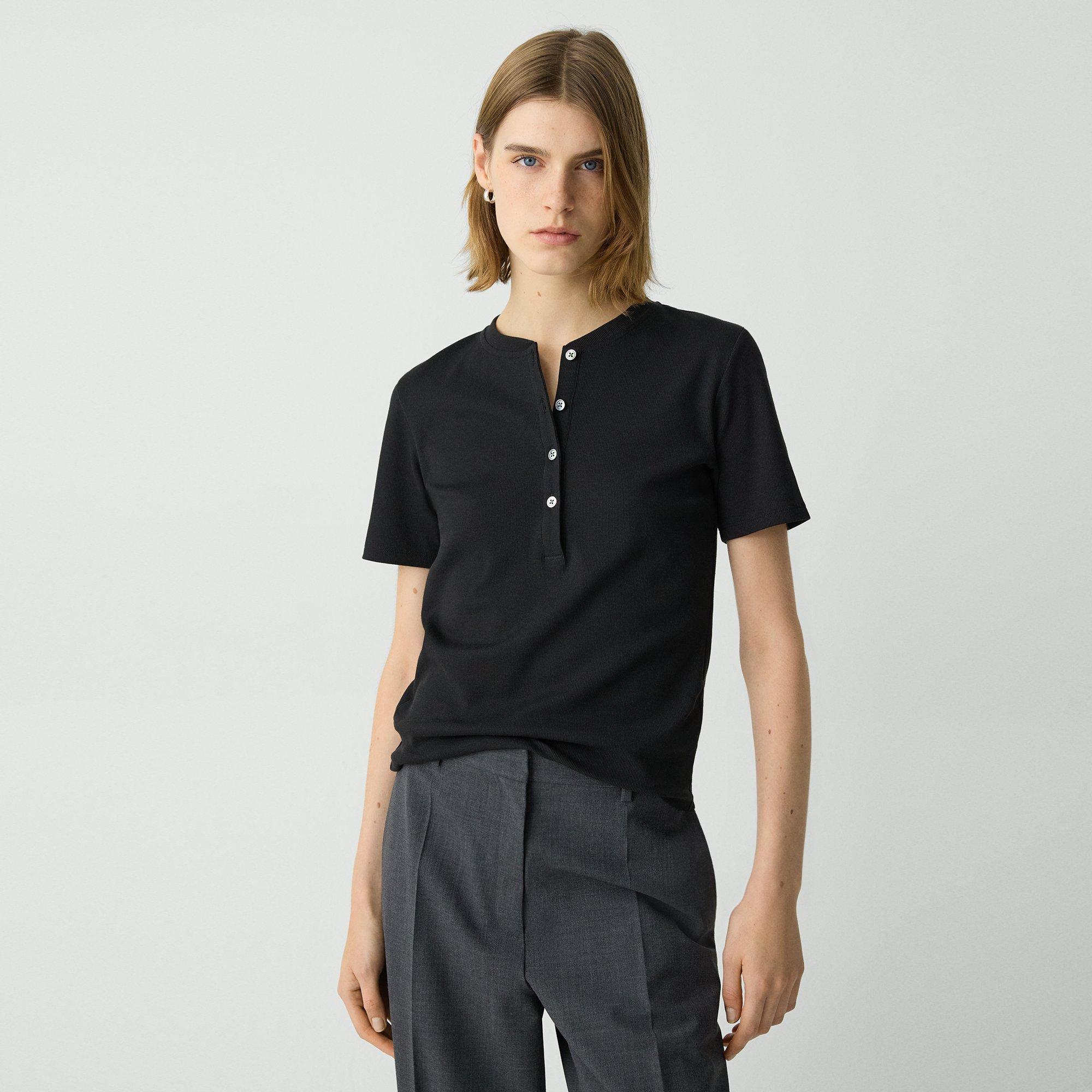 Theory Ribbed Henley Top In Compact Stretch Knit In Black