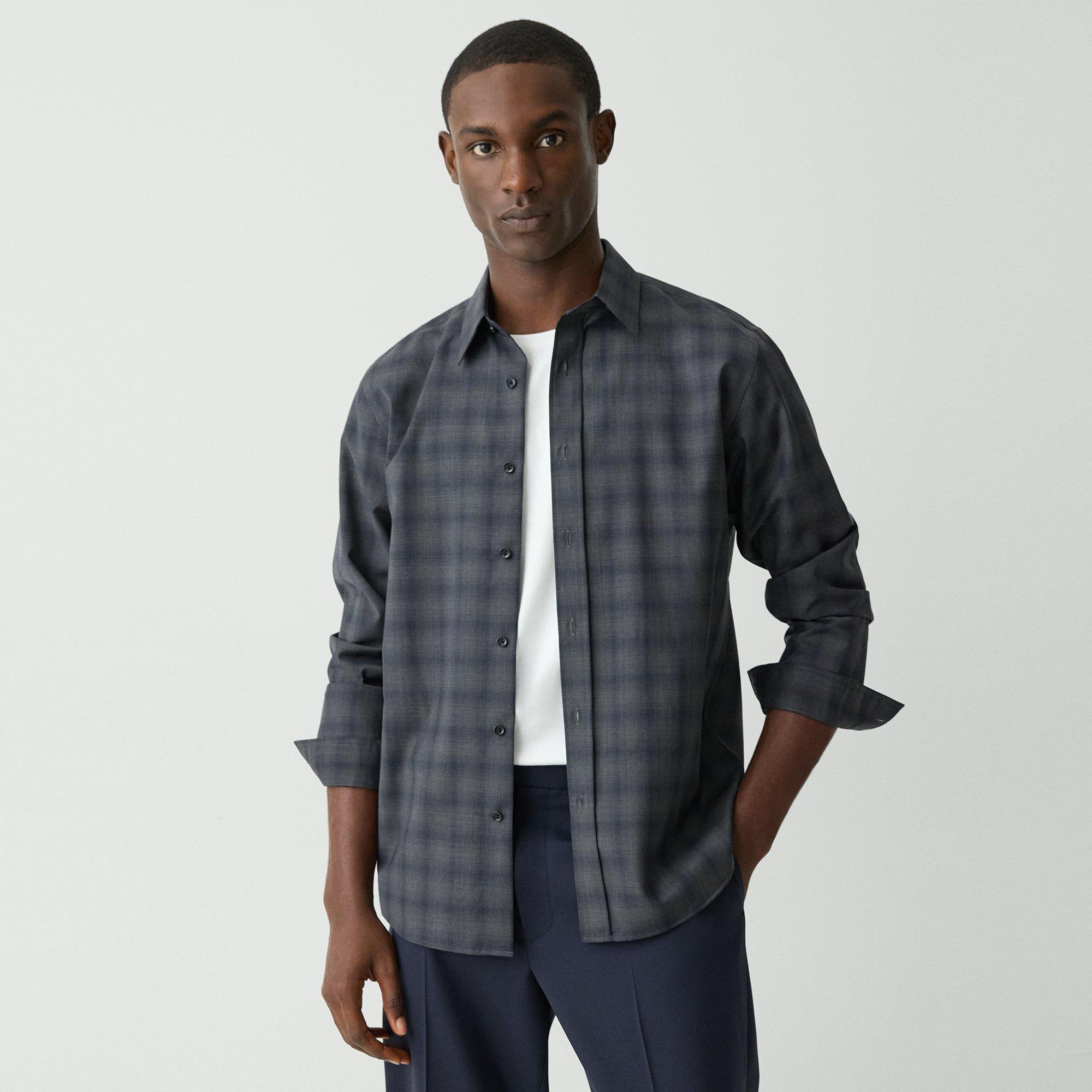 Theory Irving Shirt In Checked Wool In Charcoal Melange/navy