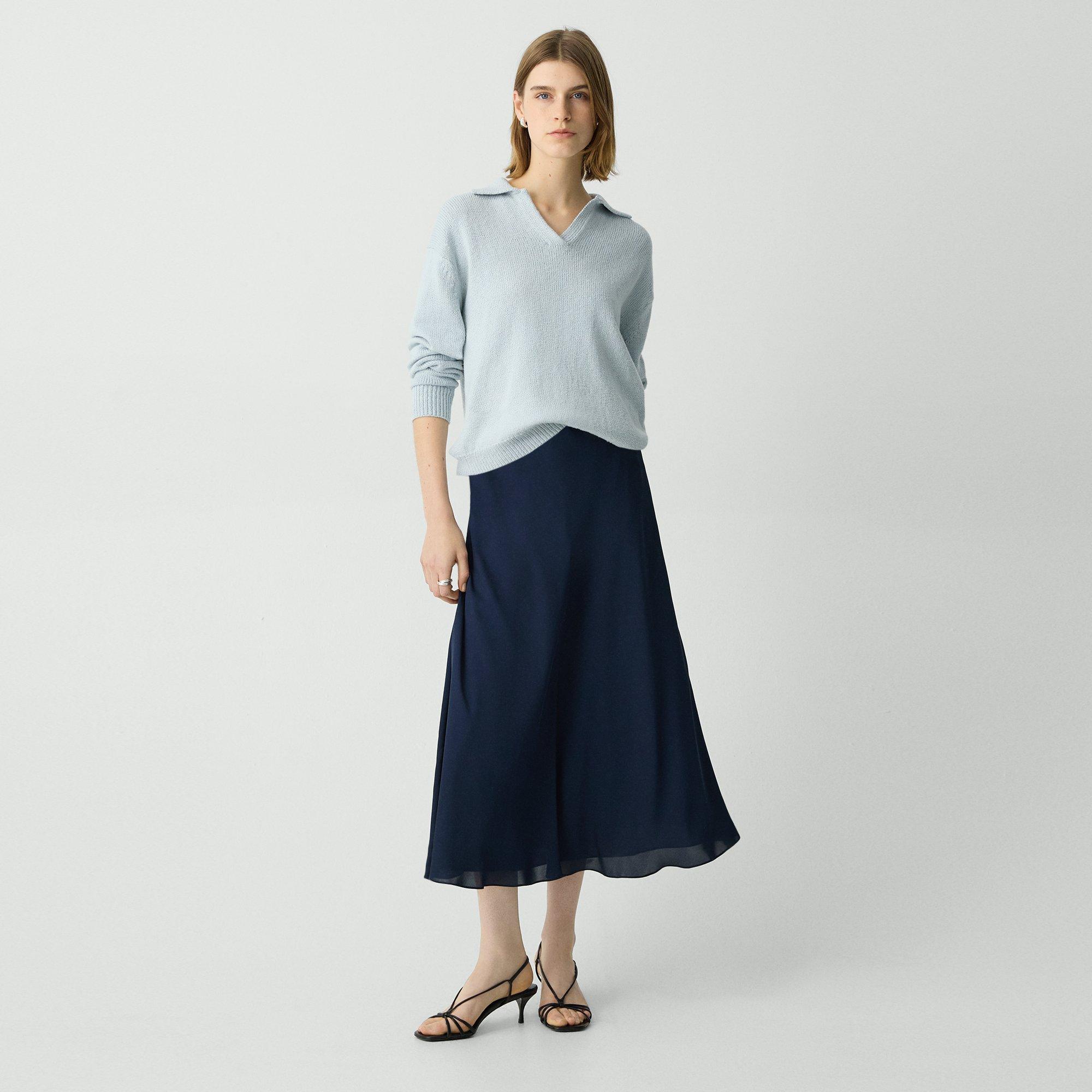 Theory Midi Pull-on Skirt In Silk Georgette In Deep Navy