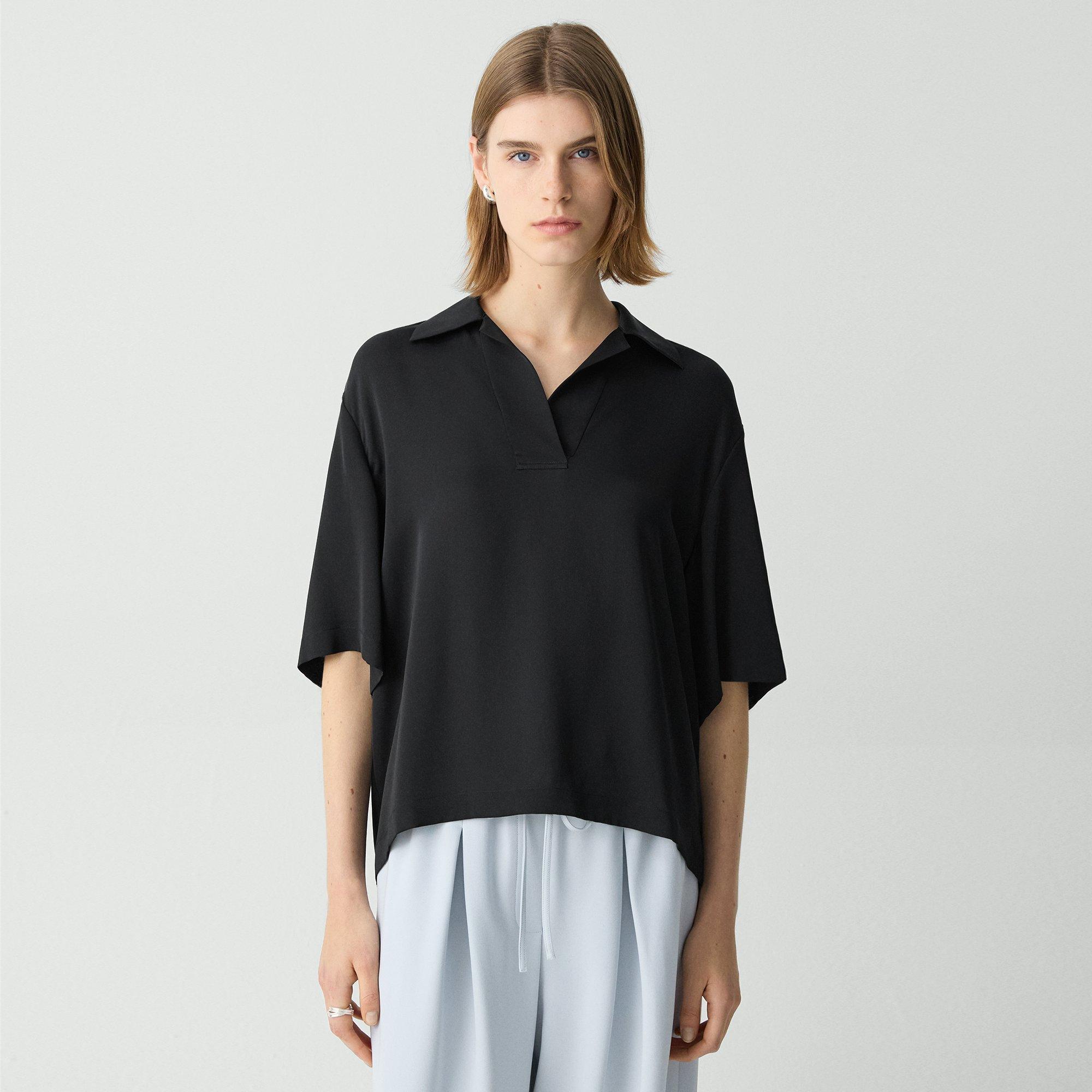 Theory Oversized Polo Shirt In Silk Georgette In Black