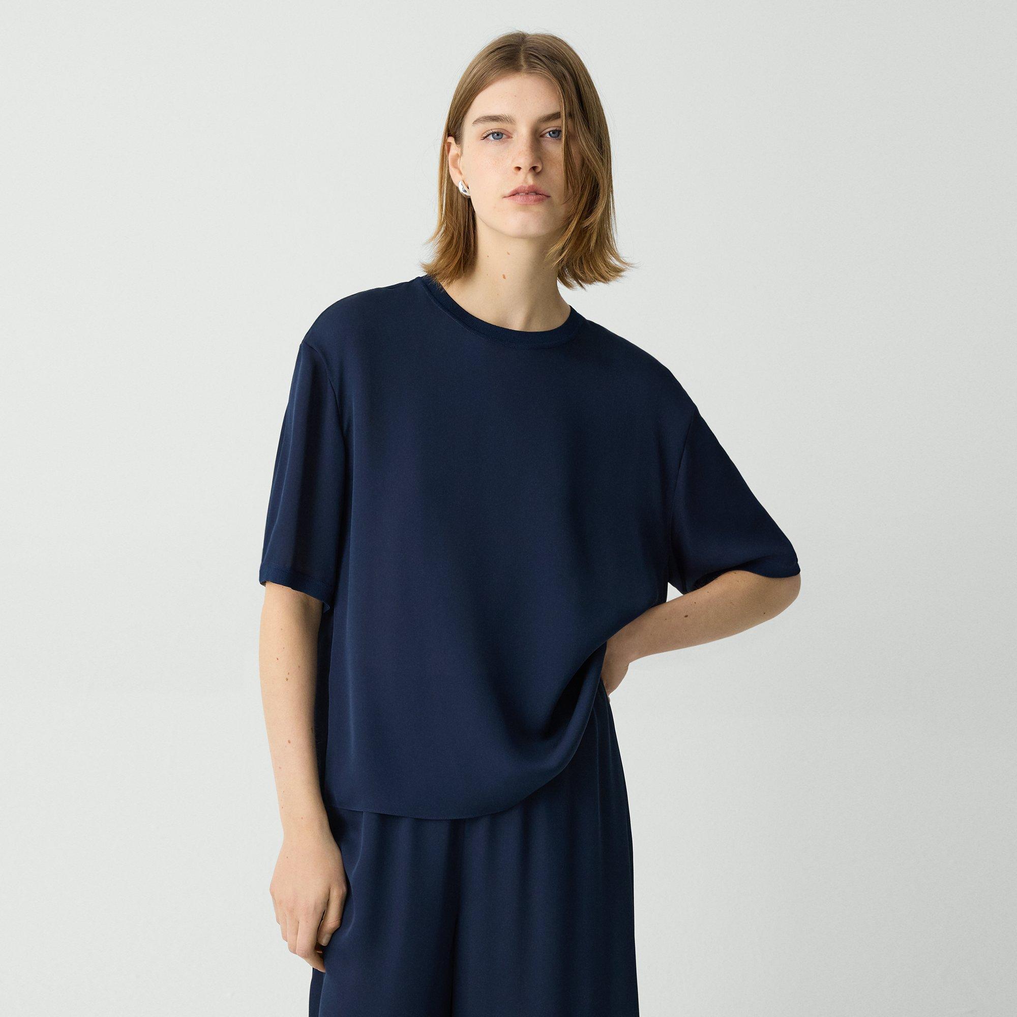 Theory Boxy Tee In Silk Georgette In Deep Navy