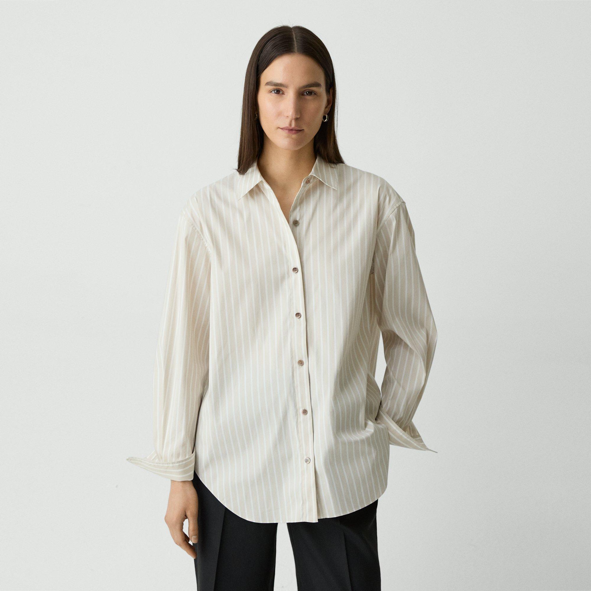 Theory Boyfriend Shirt In Striped Cotton-blend In Sand Multi