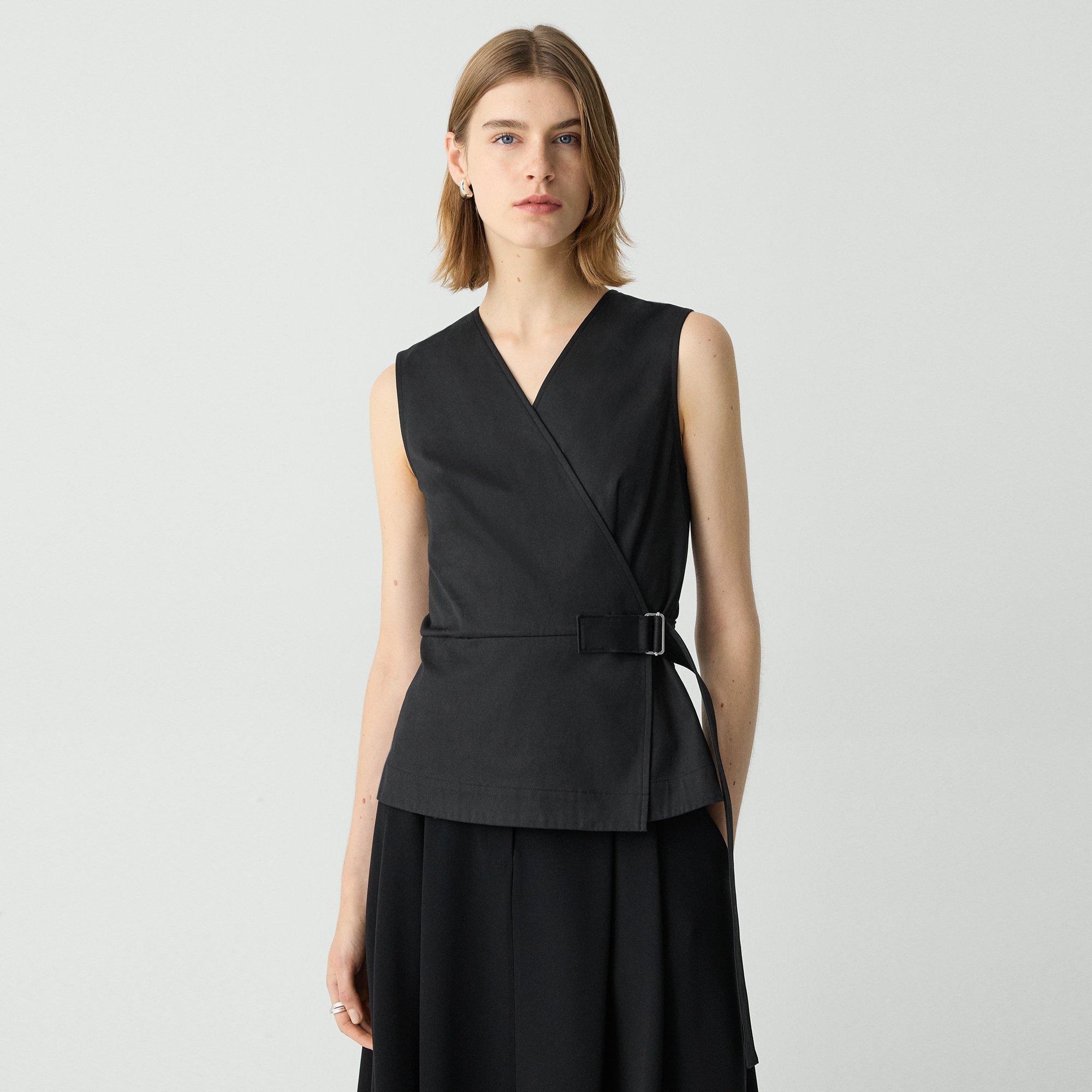 Theory Sleeveless Stretch Cotton Wrap Top In Black