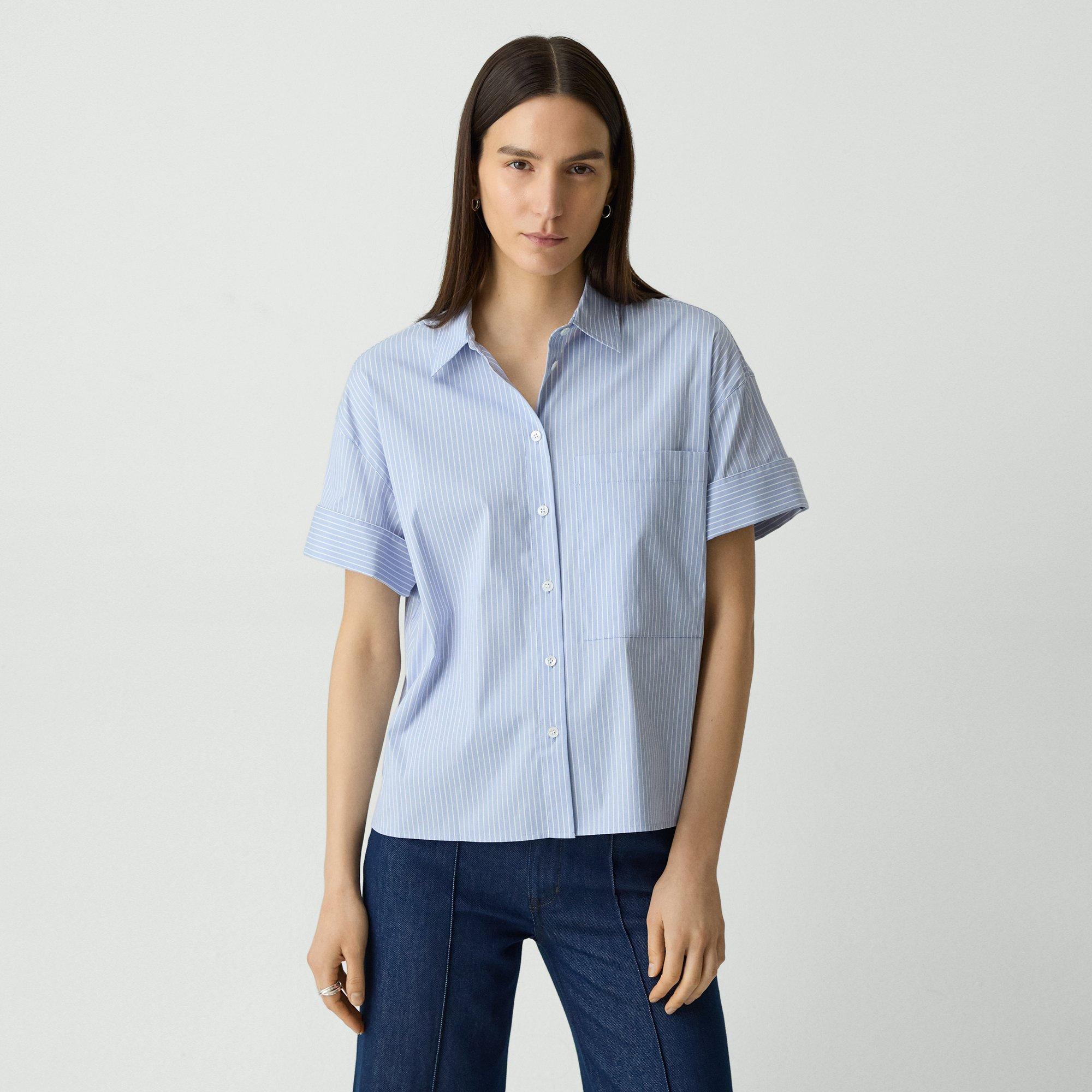 Theory Cuffed Shirt In Striped Cotton-blend In Blue Multi