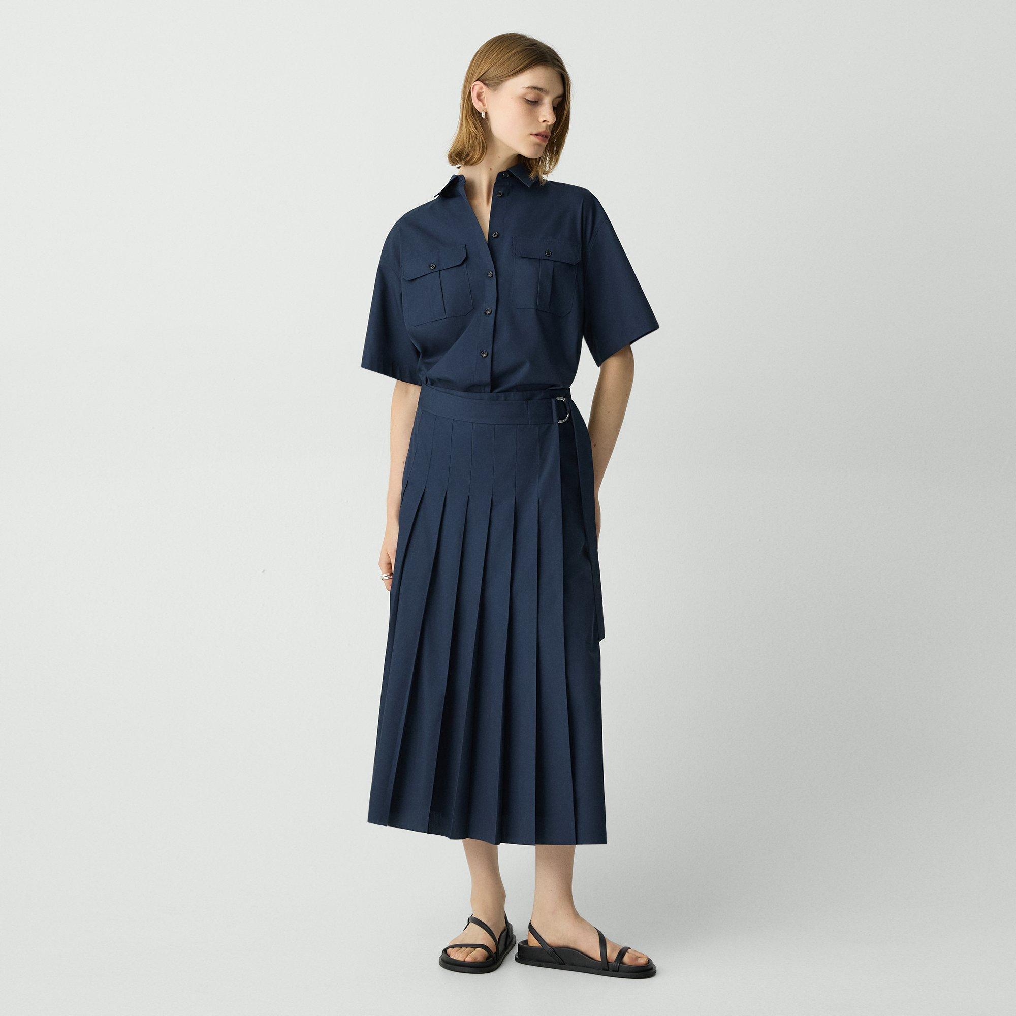 Theory Pleated Wrap Dress In Sleek Poplin In Nocturne Navy