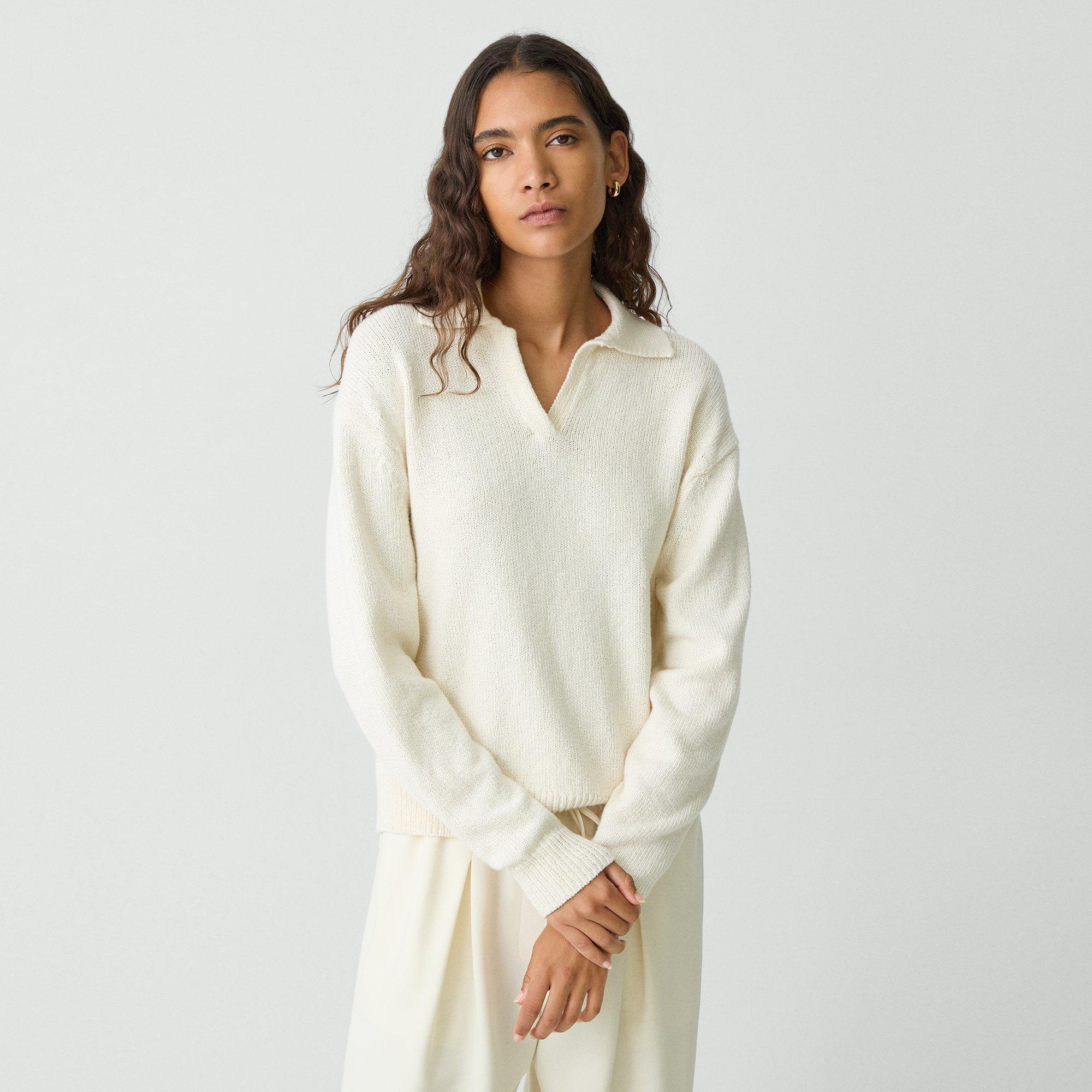 Theory Polo Sweater In Cotton-wool Bouclé In Off White