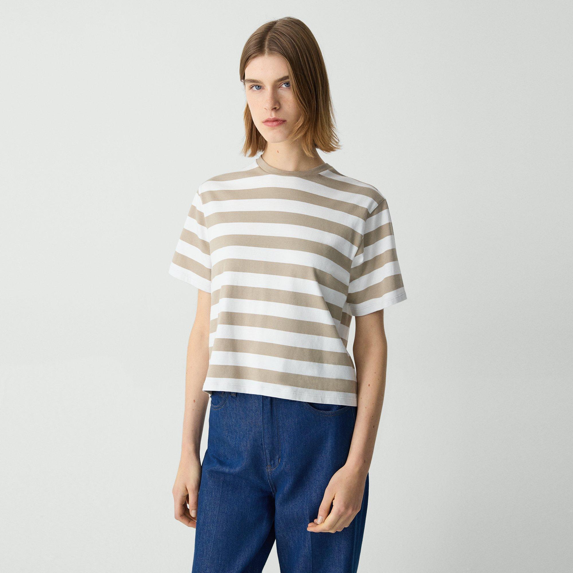 Theory Boxy Crewneck Tee In Striped Cotton In Taupe Multi
