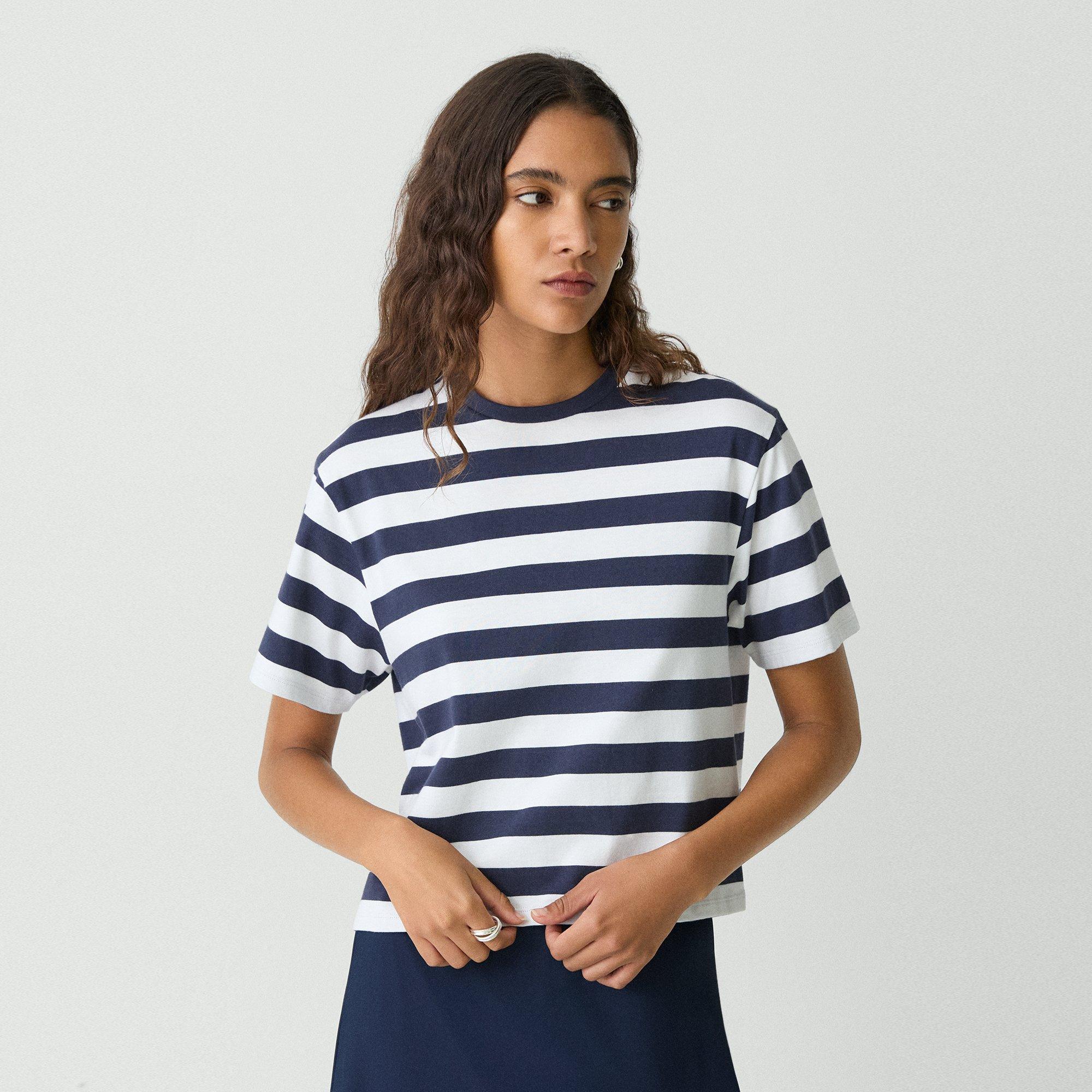 Theory Womens Striped Boxy-fit Pima-cotton T-shirt Navy Multi In Navy Multi