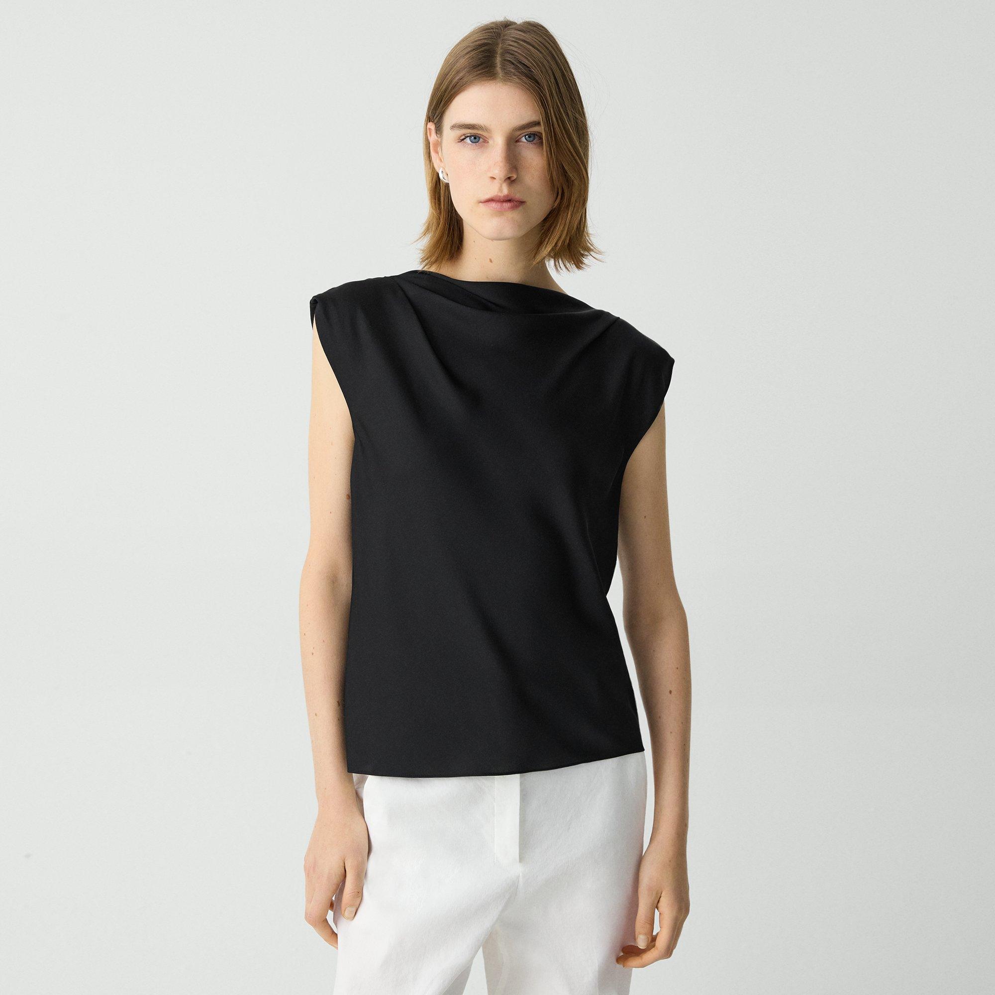 Theory Black Crewneck Top With Ruched Details On The Front In Black