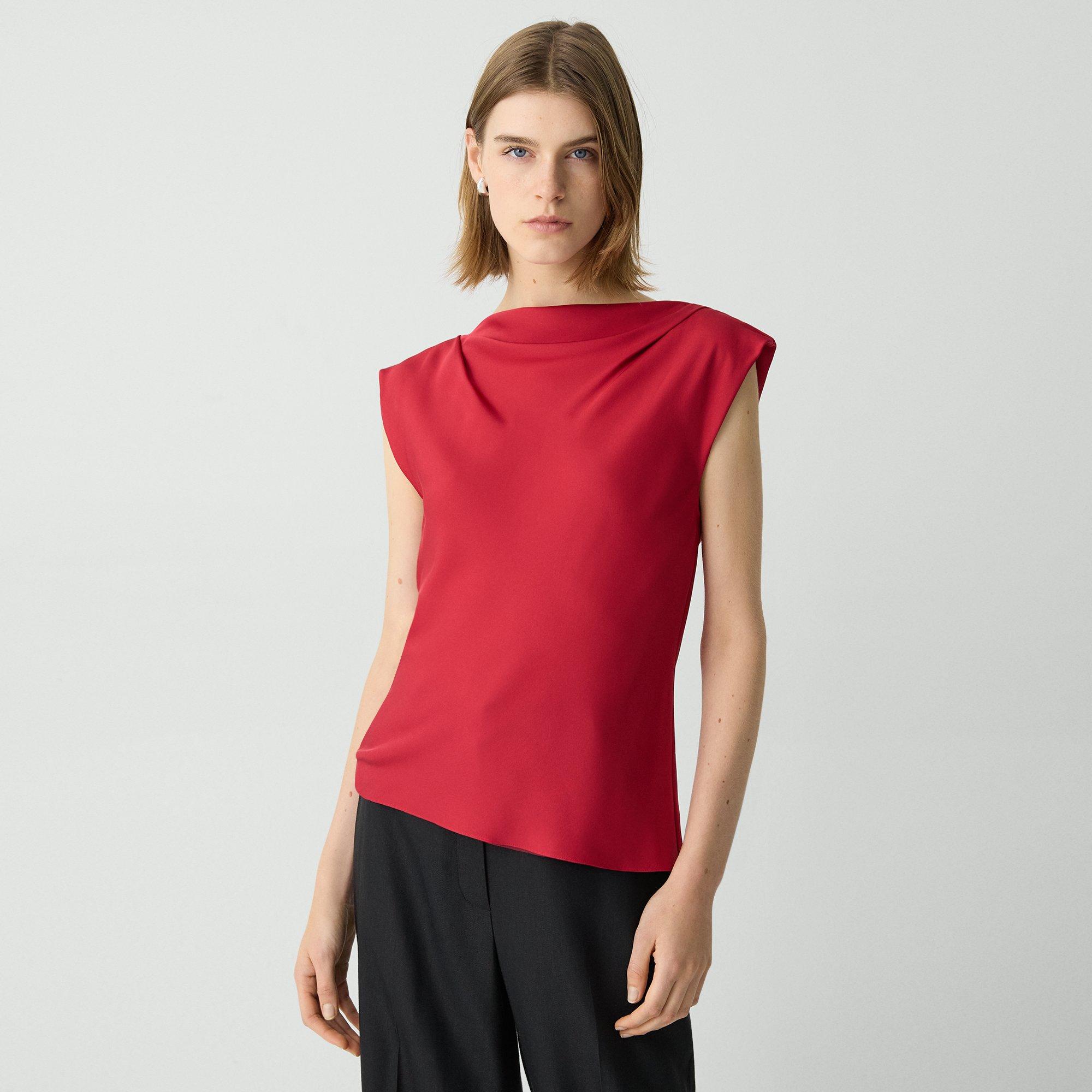 Theory Cowl Neck Top In Silk Georgette In Cherry