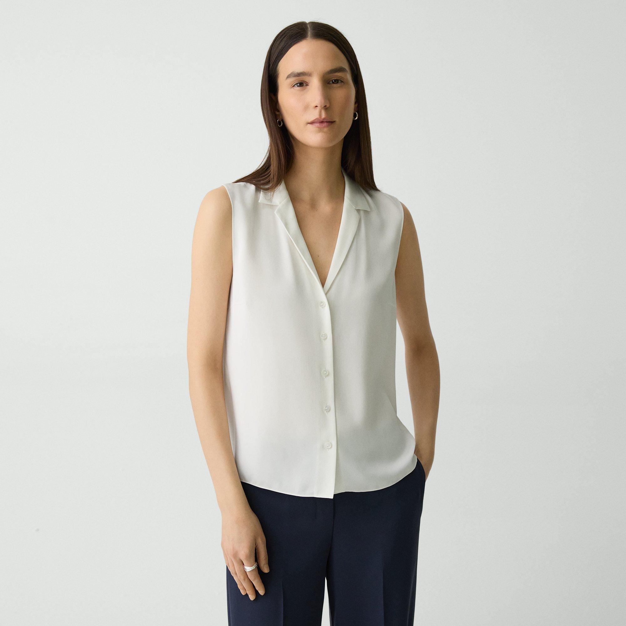 Theory Camp Collar Blouse In Silk Georgette In Ivory