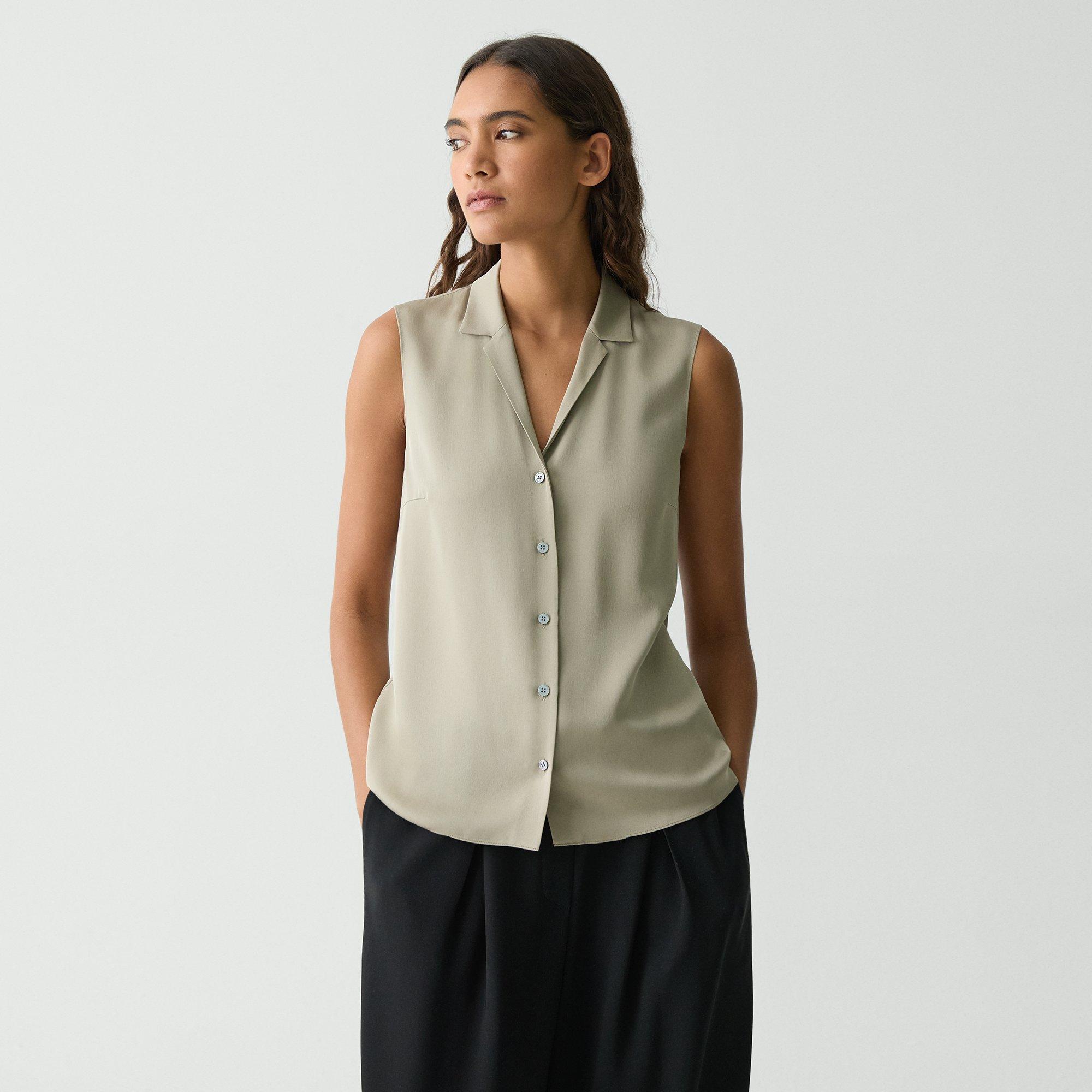 Theory Camp Collar Blouse In Silk Georgette In Soft Taupe
