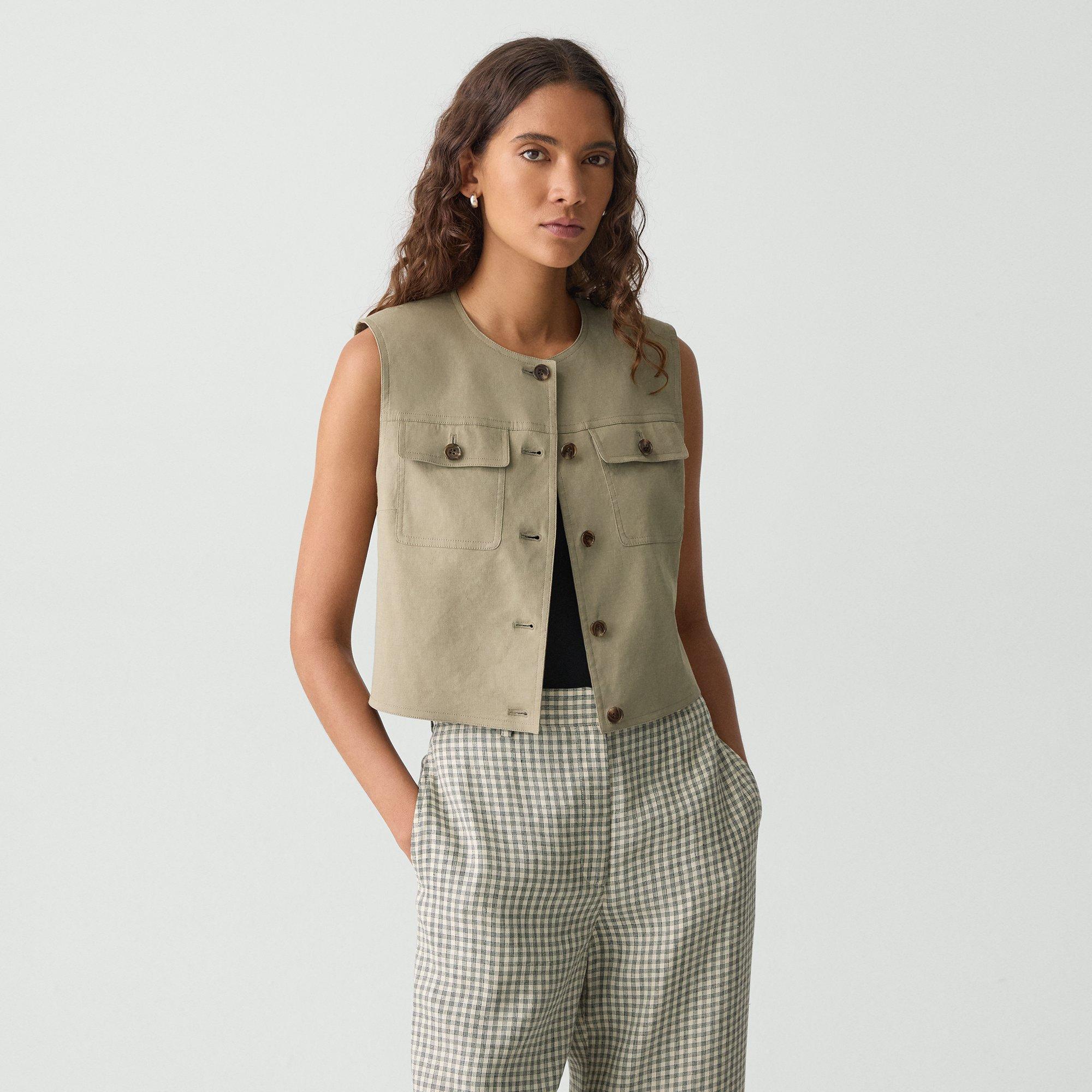 Theory Trucker Vest In Good Linen In Soft Taupe