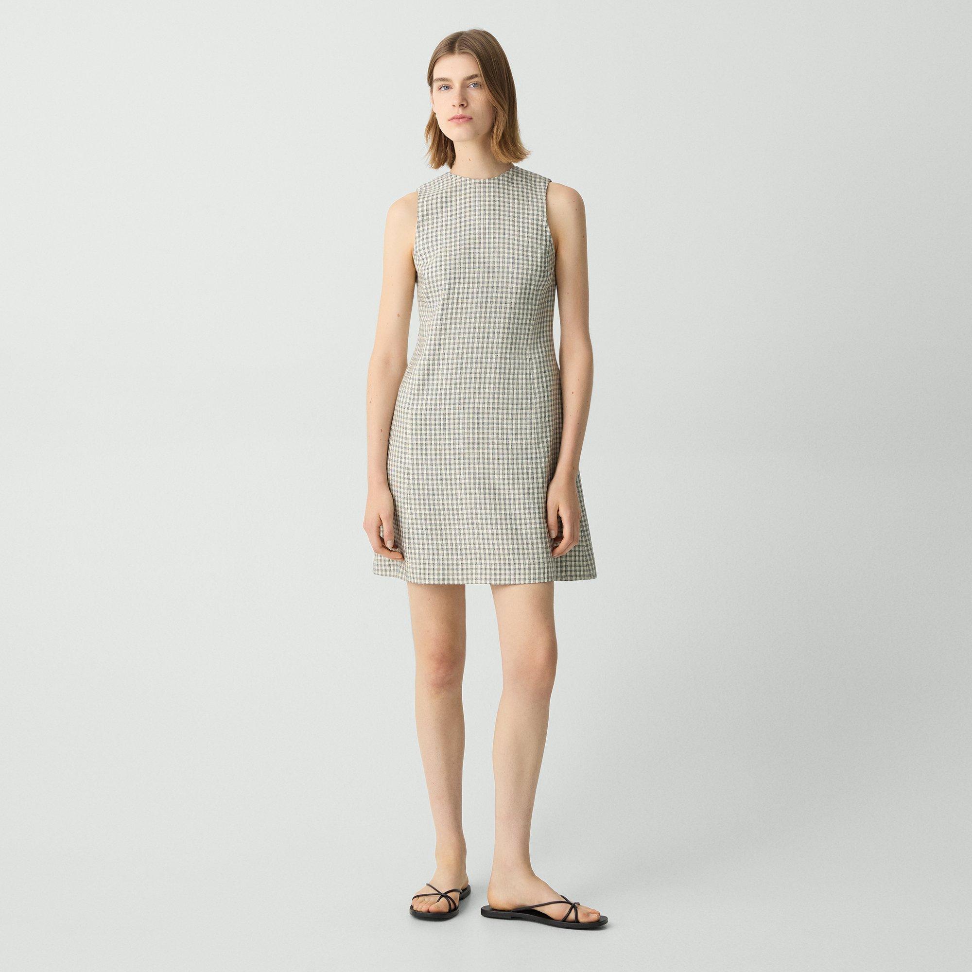 Theory Womens Check-print Sleeveless Linen-blend Midi Dress Cream Multi In Cream Multi